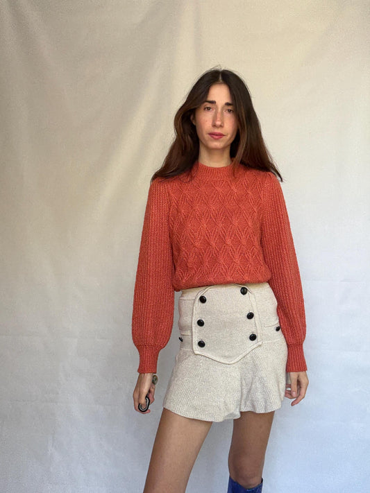 Vintage burnt orange sweater, chunky knit, ribbed crew neck, textured pattern, minimalist streetwear, US L, cozy campus style, US