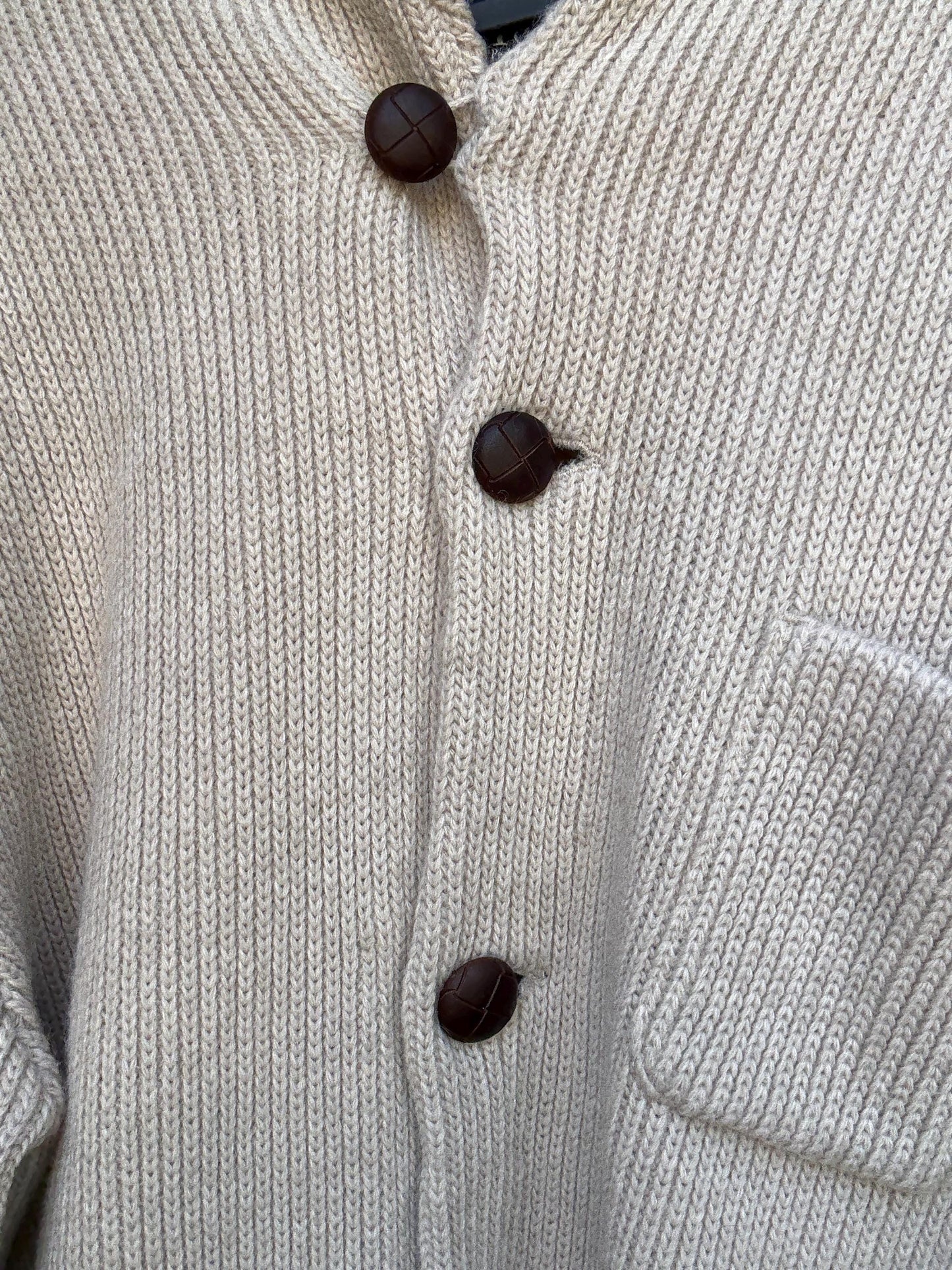 Pedro del Hierro beige knitted jacket, wool blend, ribbed high collar, three front pockets, light academia Timothée Chalamet, US XXL