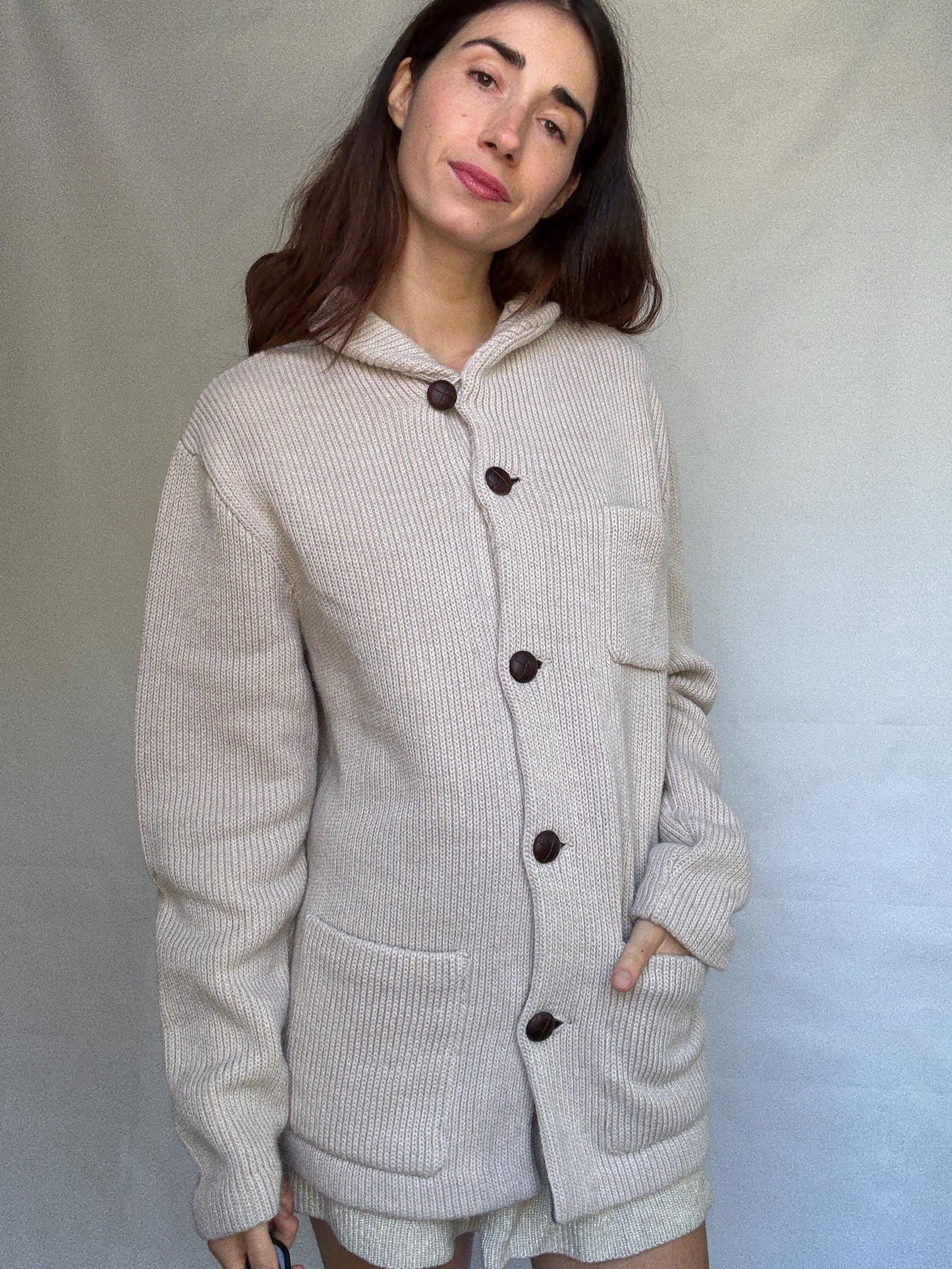 Pedro del Hierro beige knitted jacket, wool blend, ribbed high collar, three front pockets, light academia Timothée Chalamet, US XXL