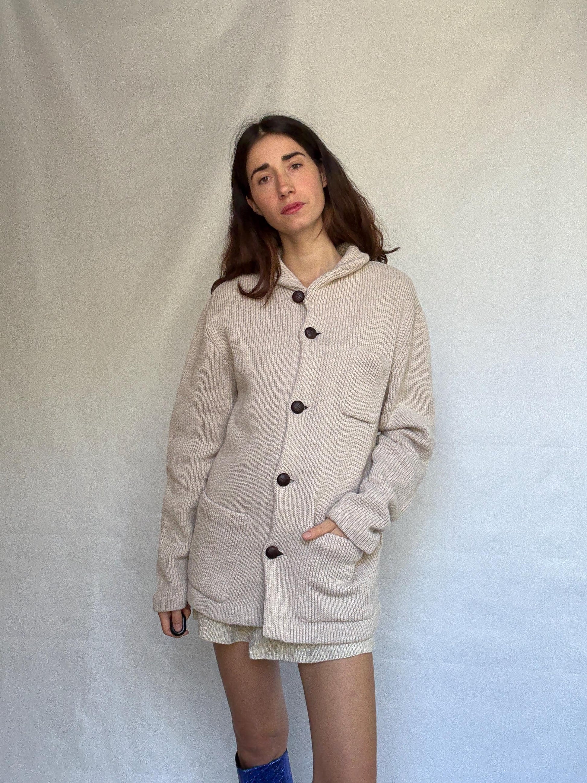 Pedro del Hierro beige knitted jacket, wool blend, ribbed high collar, three front pockets, light academia Timothée Chalamet, US XXL