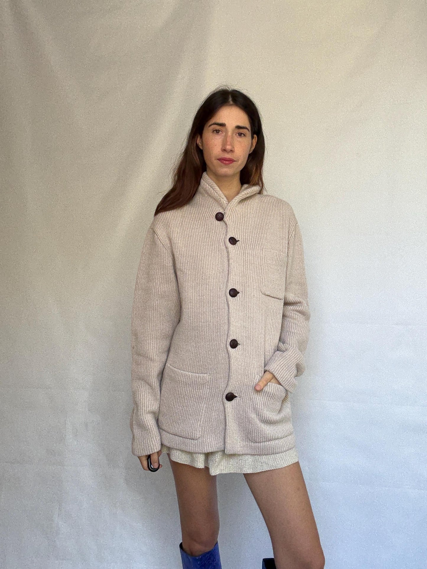 Pedro del Hierro beige knitted jacket, wool blend, ribbed high collar, three front pockets, light academia Timothée Chalamet, US XXL