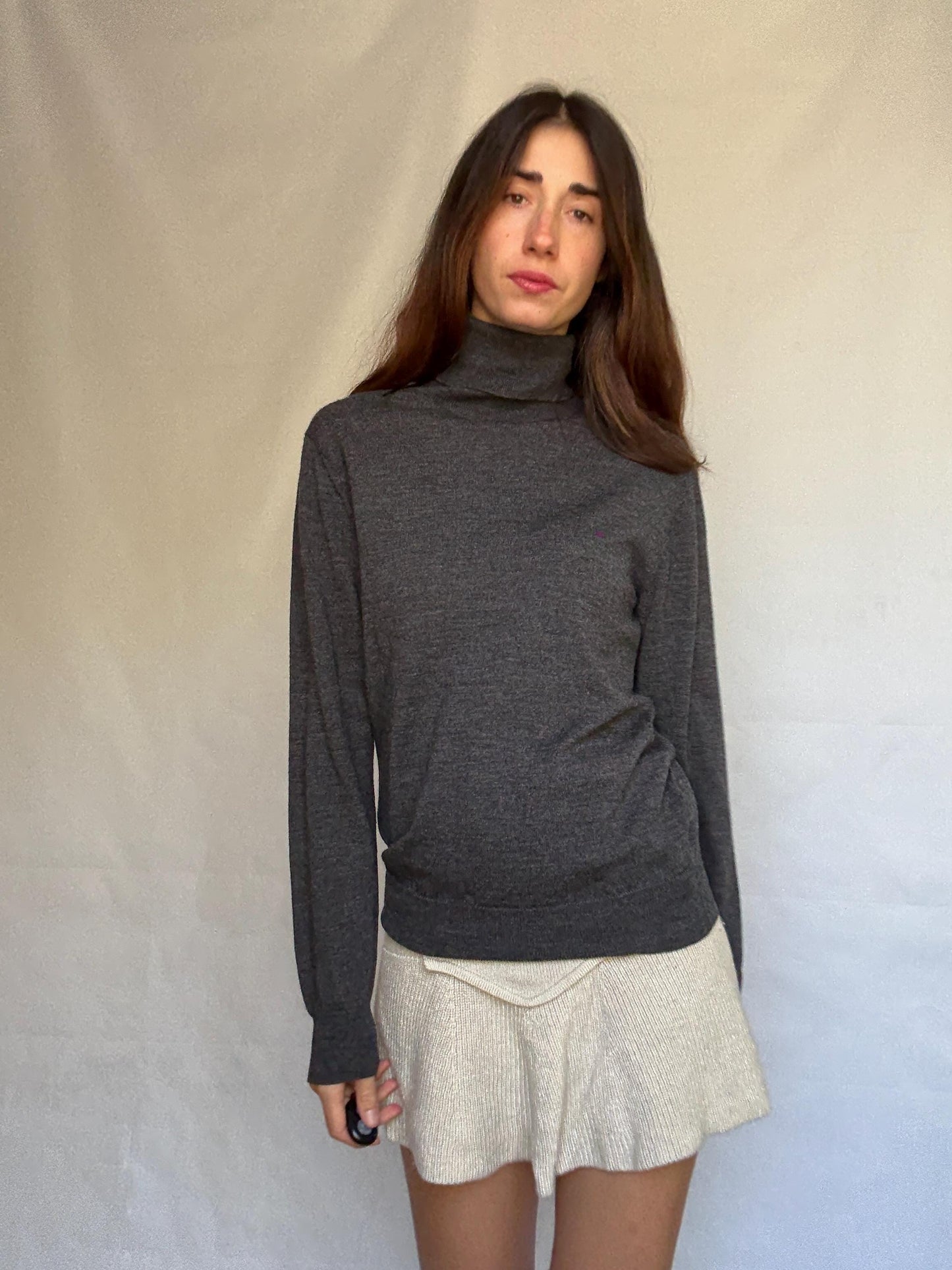 Charcoal Turtleneck Sweater With Ribbed Cuffs — fabric close-up