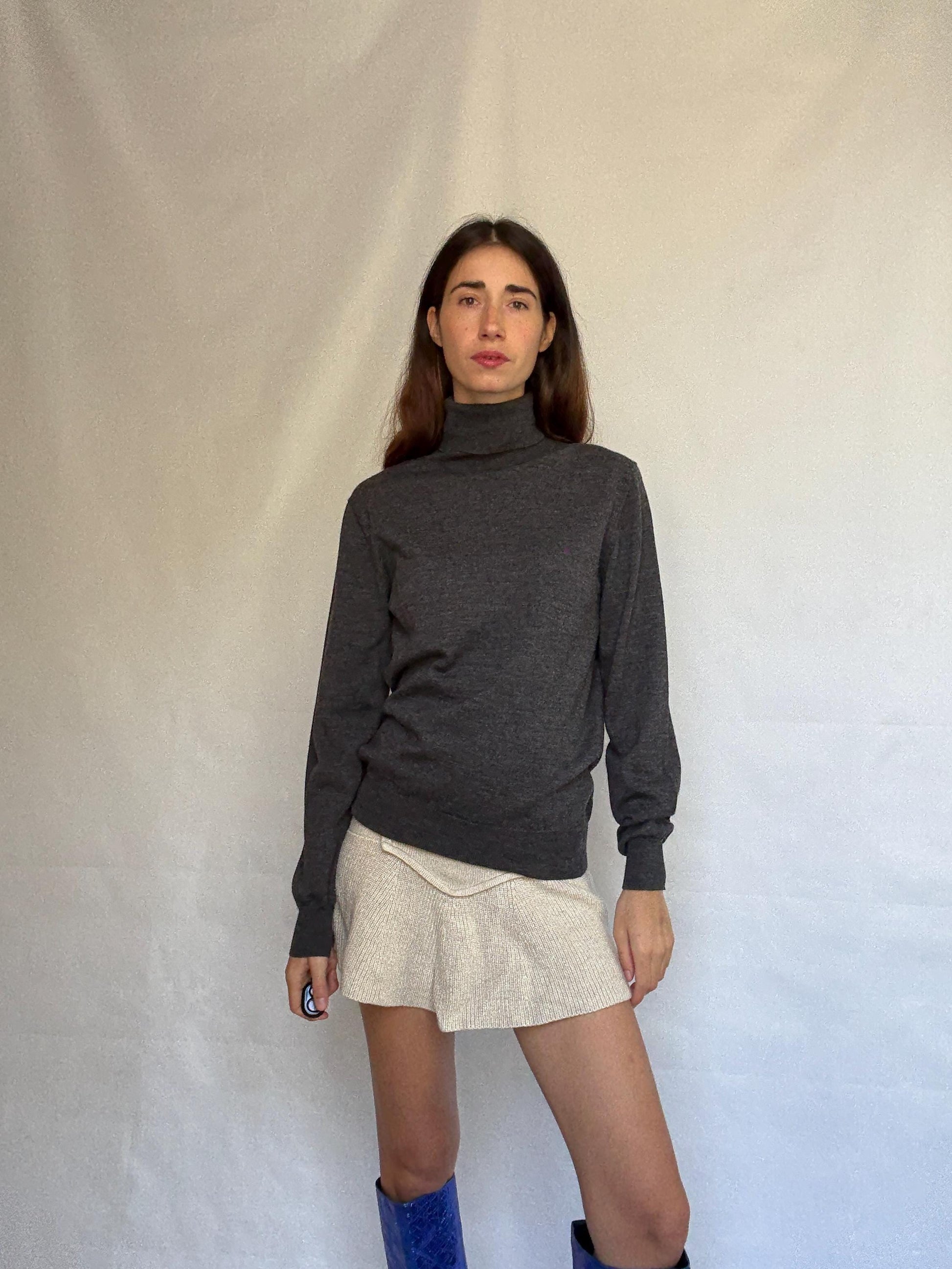 Purificación García charcoal turtleneck sweater, classic fit, ribbed cuffs and hem, minimalist chic, US M, office essential