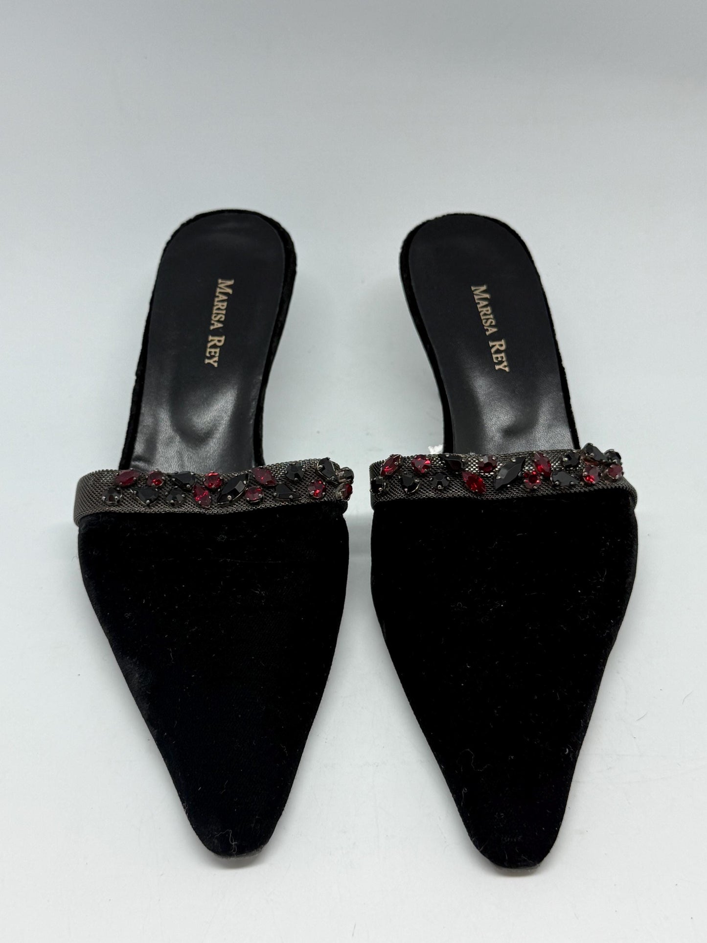 Black Velvet Mules With Stone Embellishment — fabric close-up