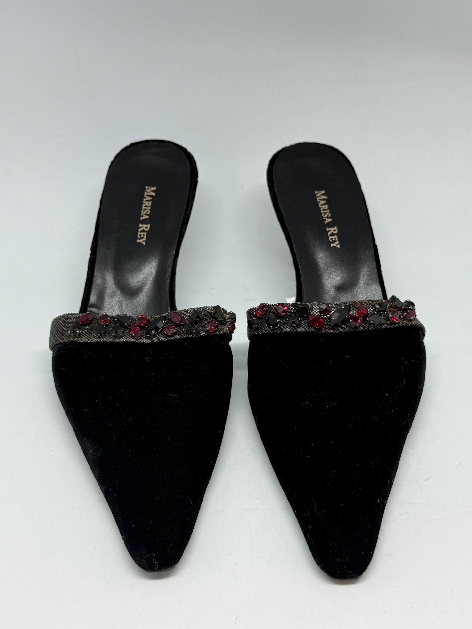 Black Velvet Mules With Stone Embellishment — fabric close-up