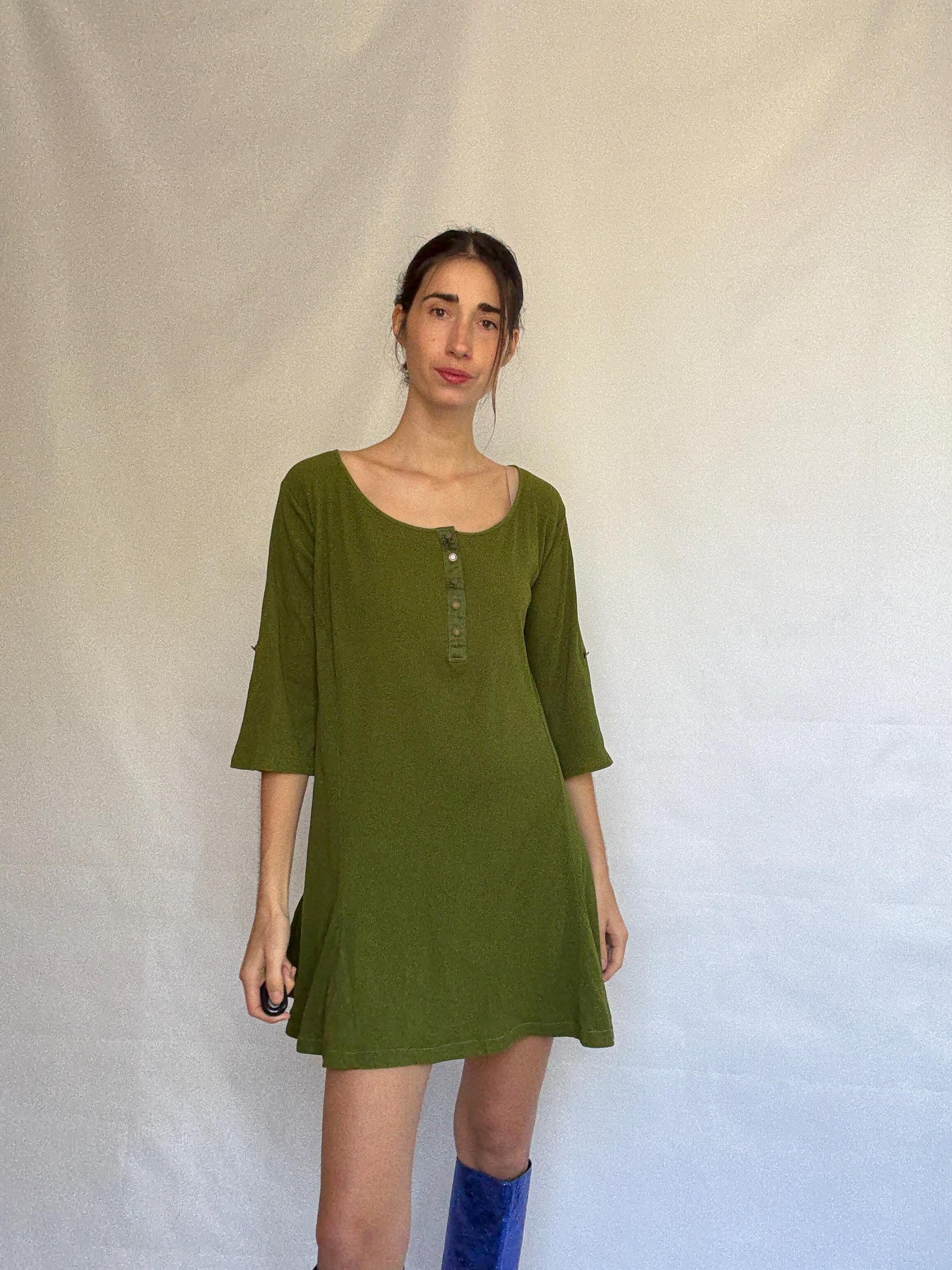 Olive Cotton Scoop Neck Dress — detail