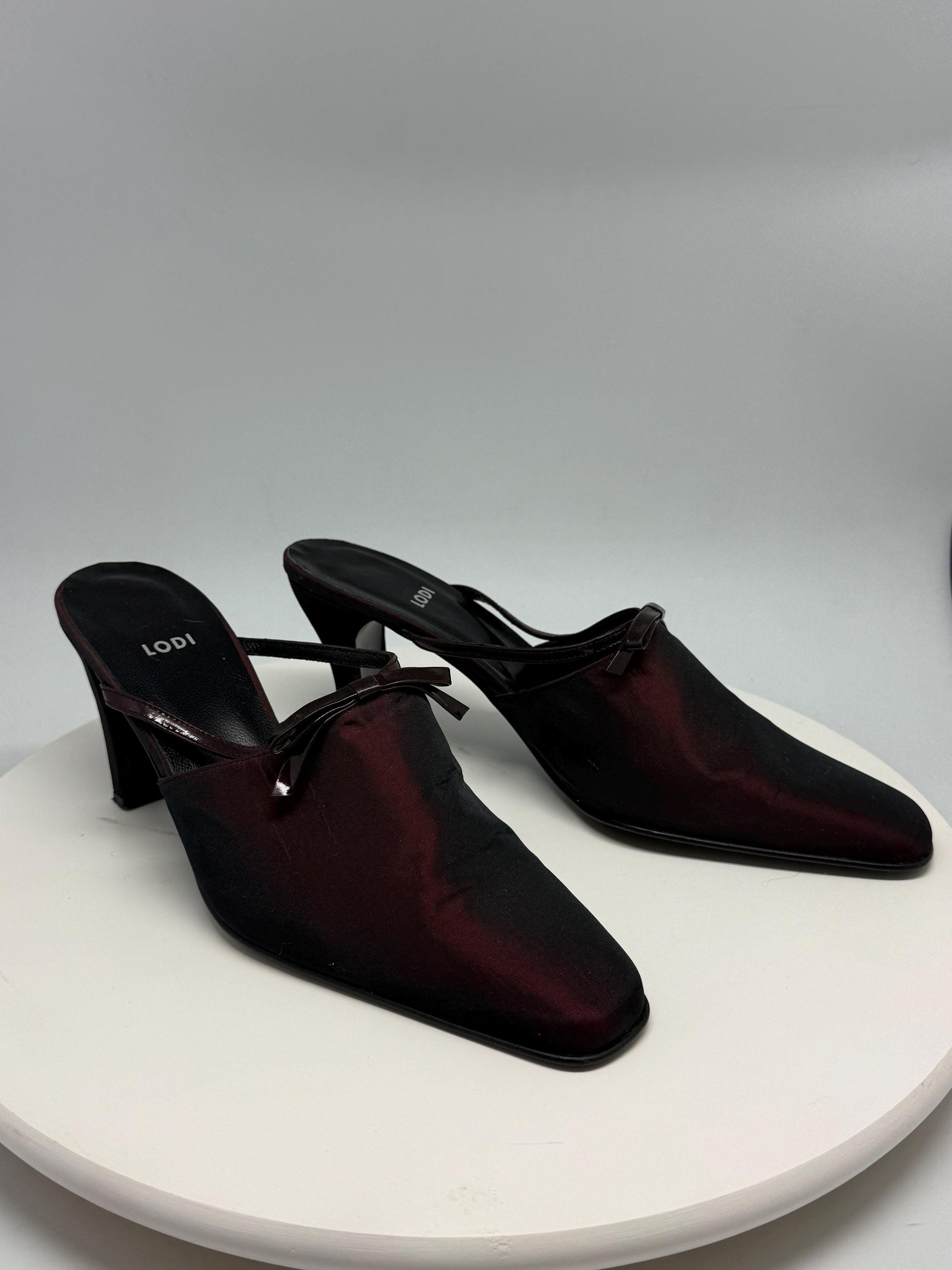 Lodi dark burgundy leather heels, pointed toe, glossy finish, minimalist strap detail, elegant chic, US 11, EU 41, evening wear