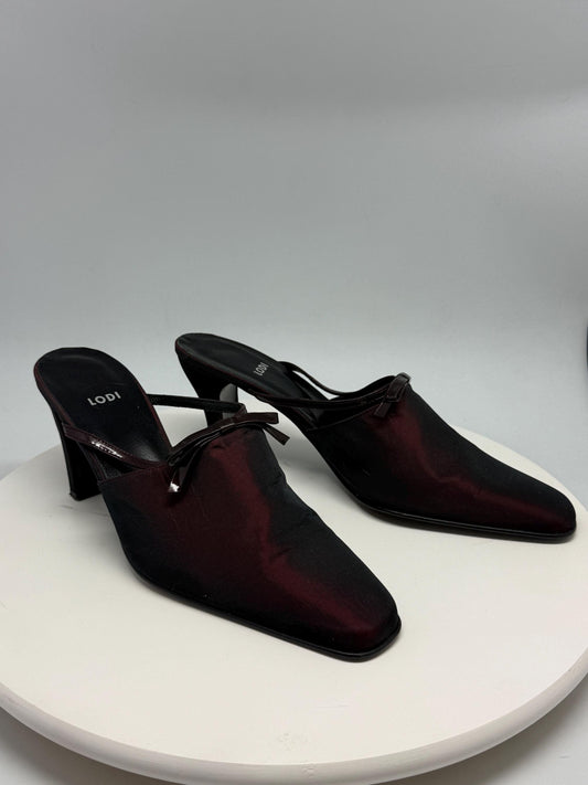 Lodi dark burgundy leather heels, pointed toe, glossy finish, minimalist strap detail, elegant chic, US 11, EU 41, evening wear