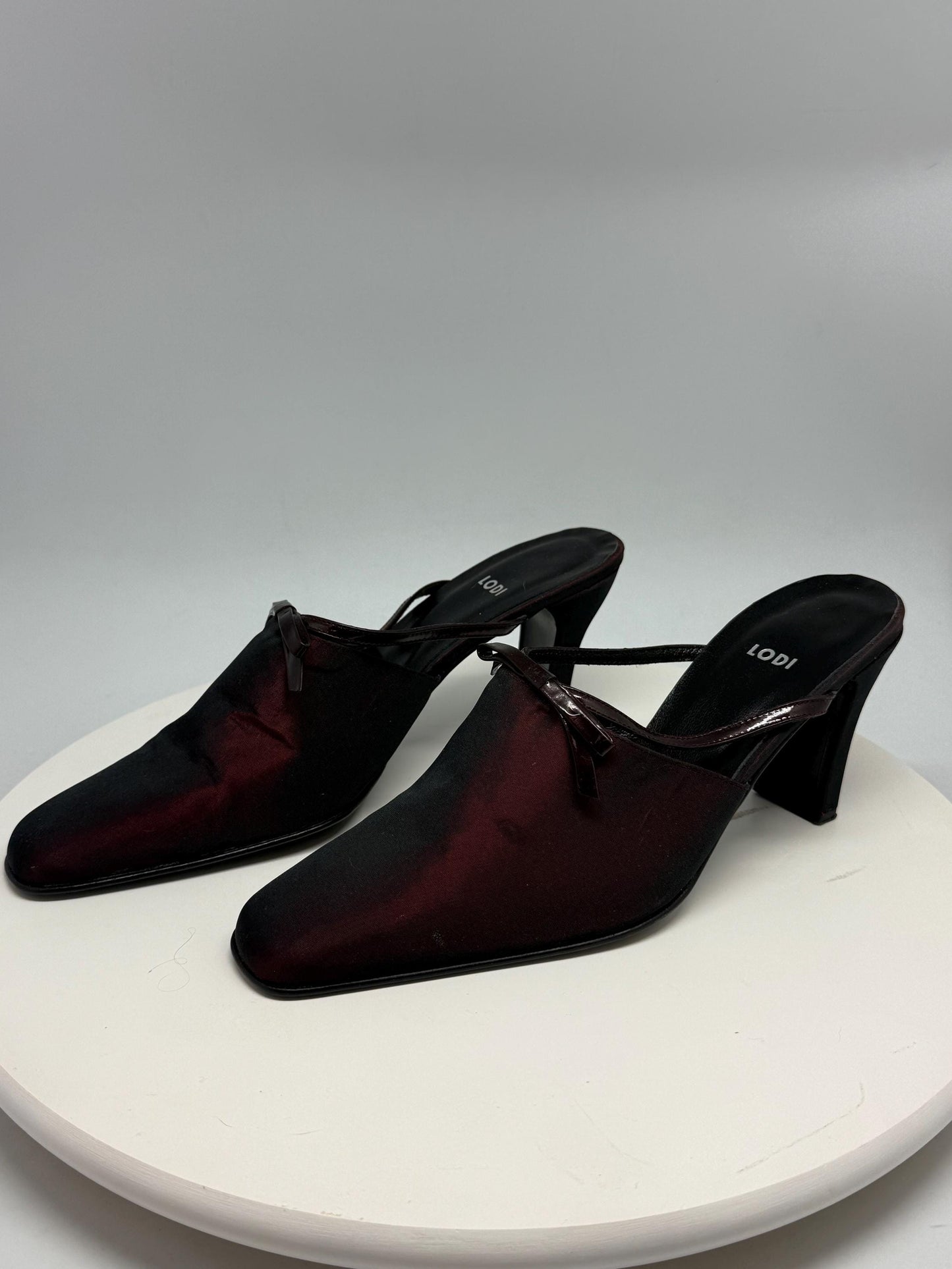 Lodi dark burgundy leather heels, pointed toe, glossy finish, minimalist strap detail, elegant chic, US 11, EU 41, evening wear