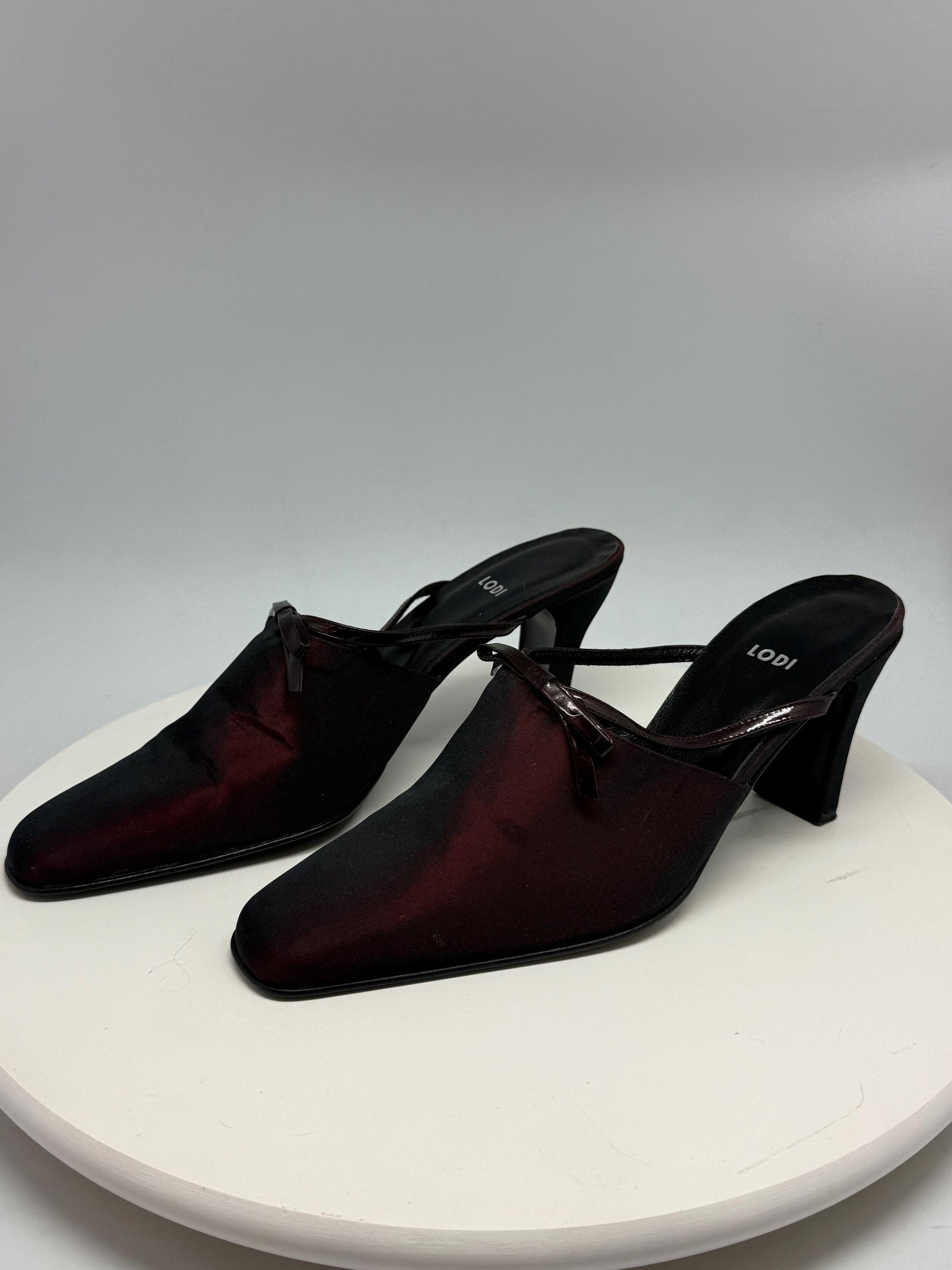 Lodi dark burgundy leather heels, pointed toe, glossy finish, minimalist strap detail, elegant chic, US 11, EU 41, evening wear
