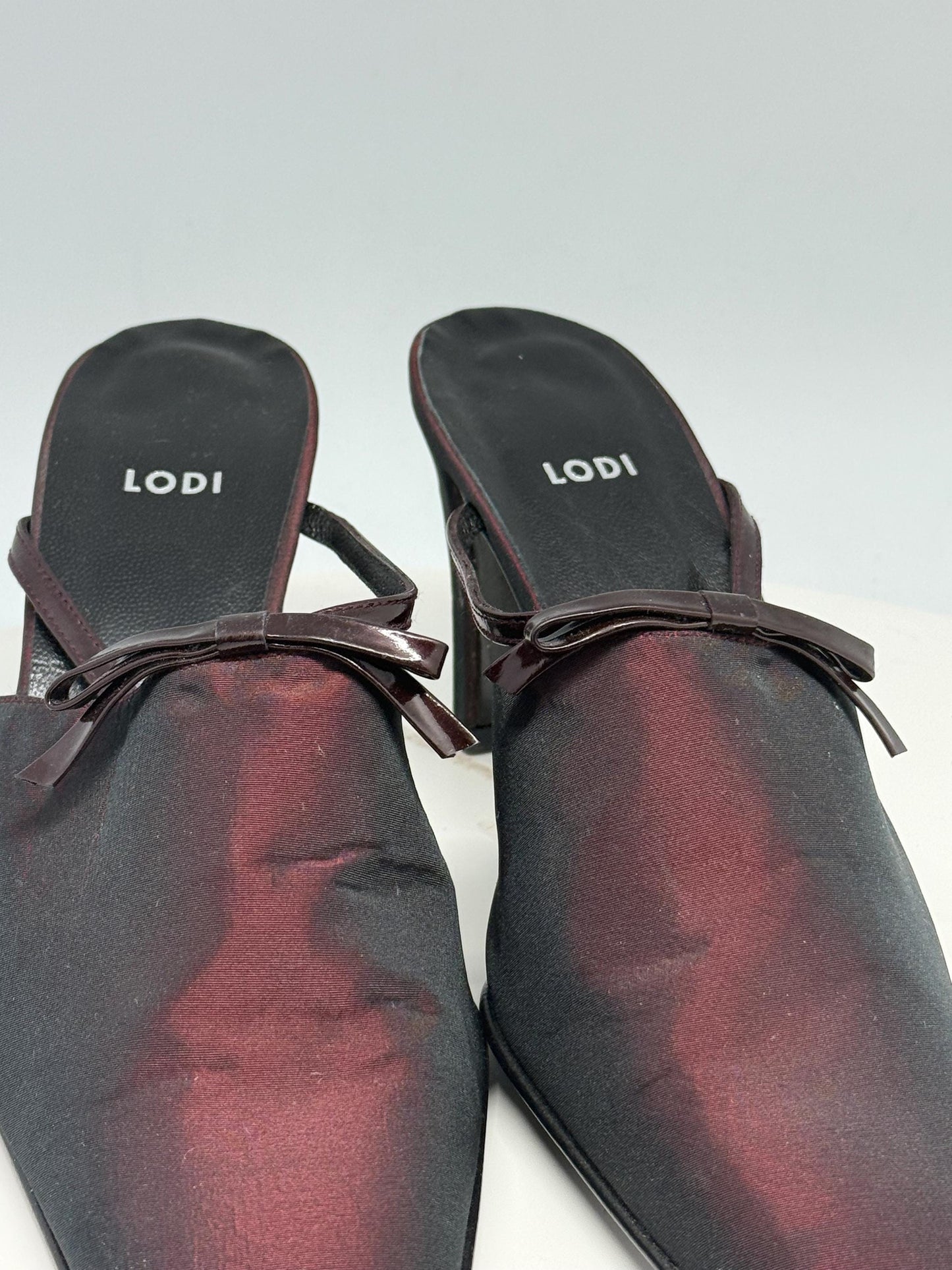 Lodi dark burgundy leather heels, pointed toe, glossy finish, minimalist strap detail, elegant chic, US 11, EU 41, evening wear