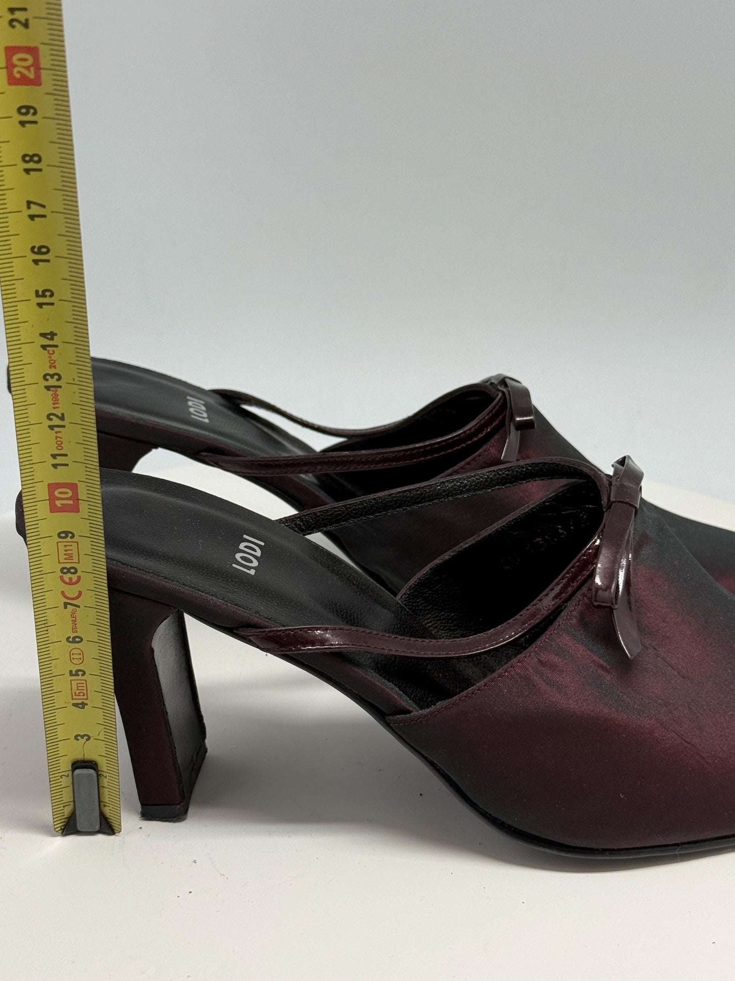 Lodi dark burgundy leather heels, pointed toe, glossy finish, minimalist strap detail, elegant chic, US 11, EU 41, evening wear