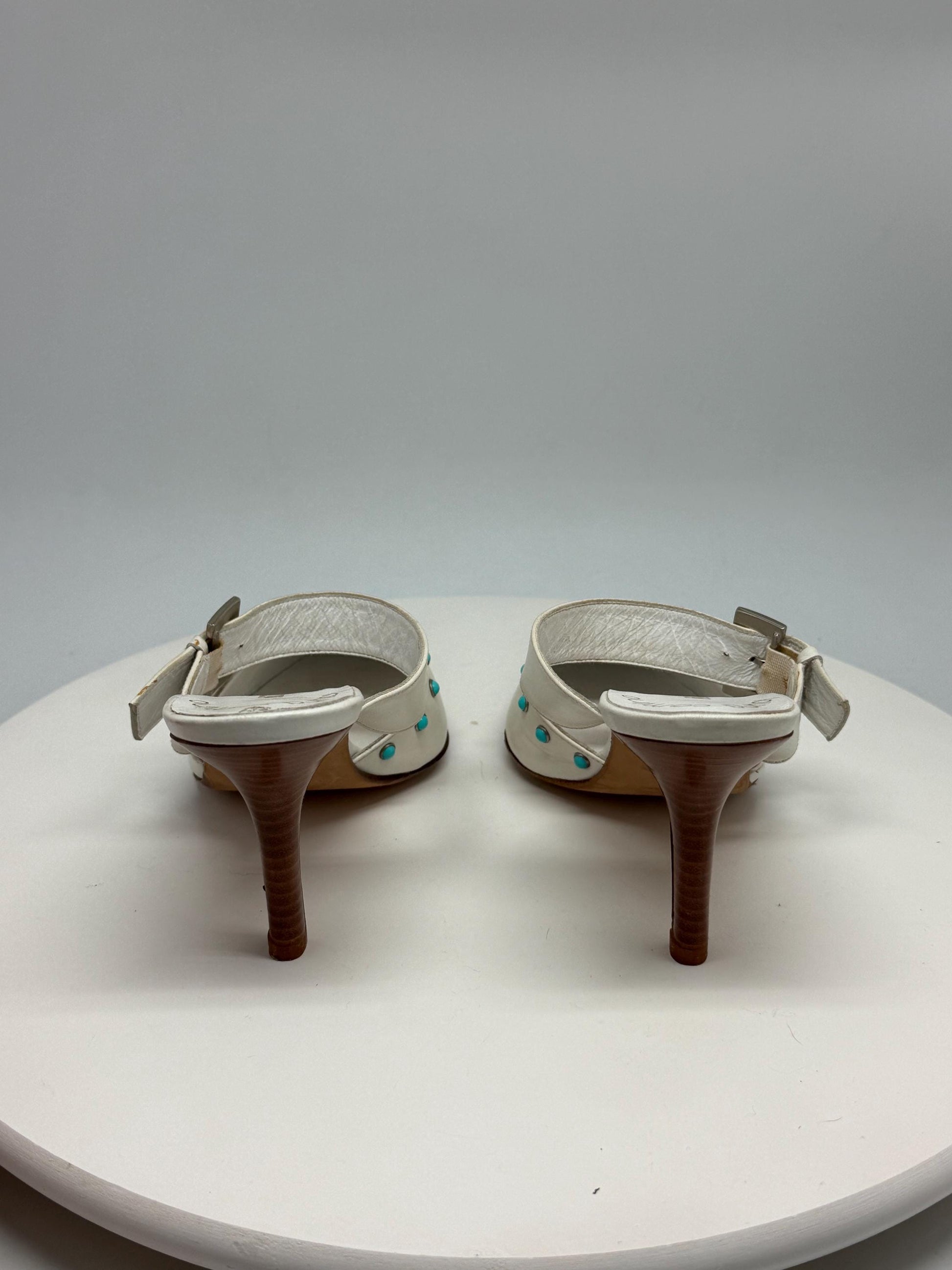 Laura Camino white leather mules, genuine leather, pointed toe, made in spain, turquoise embellishments, minimalist modern, US 7.5, EU 38