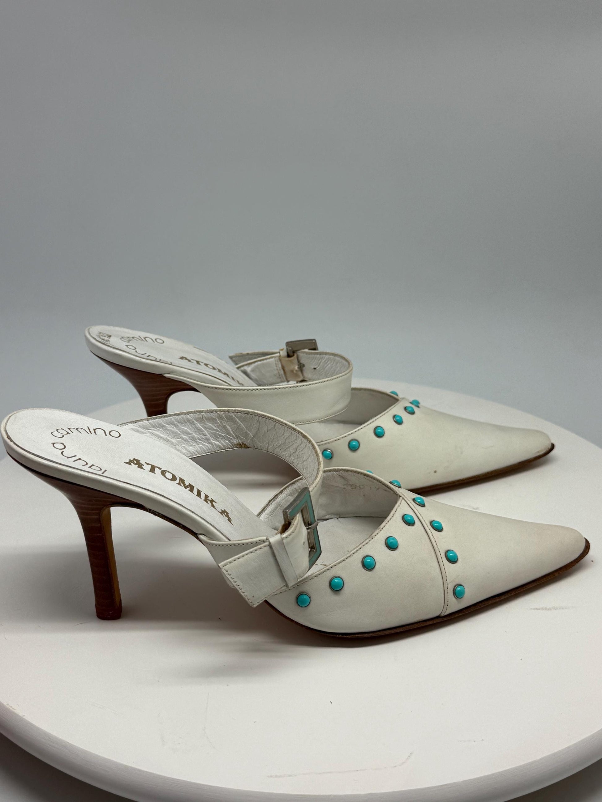 Laura Camino white leather mules, genuine leather, pointed toe, made in spain, turquoise embellishments, minimalist modern, US 7.5, EU 38