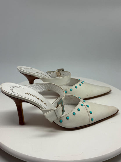 White Leather Pointed Toe Mules — fabric close-up