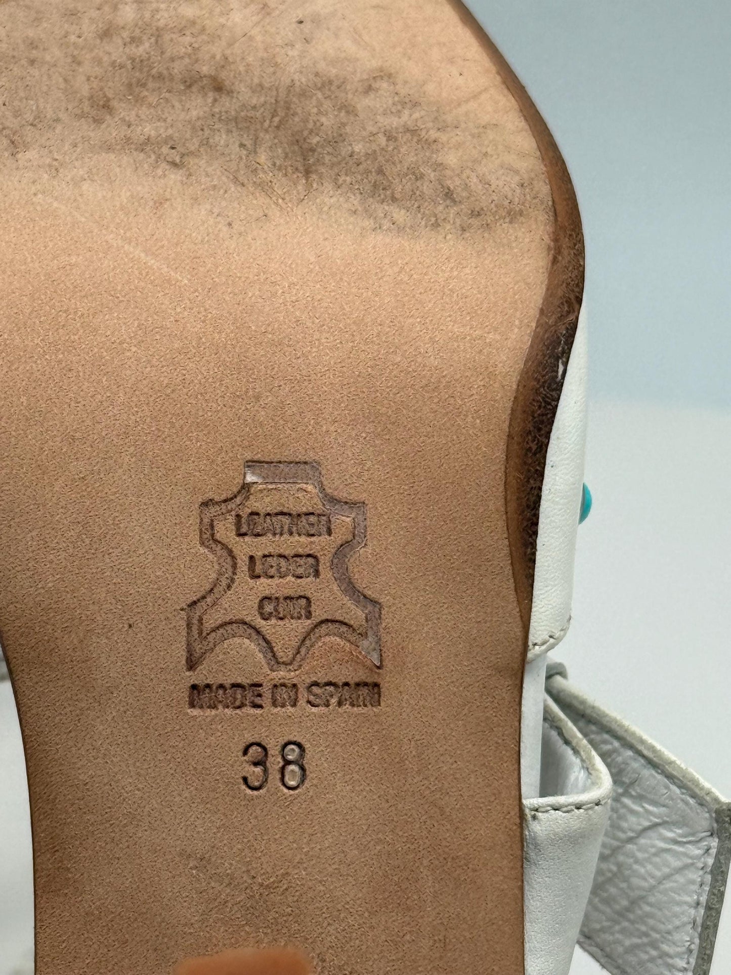 Laura Camino white leather mules, genuine leather, pointed toe, made in spain, turquoise embellishments, minimalist modern, US 7.5, EU 38