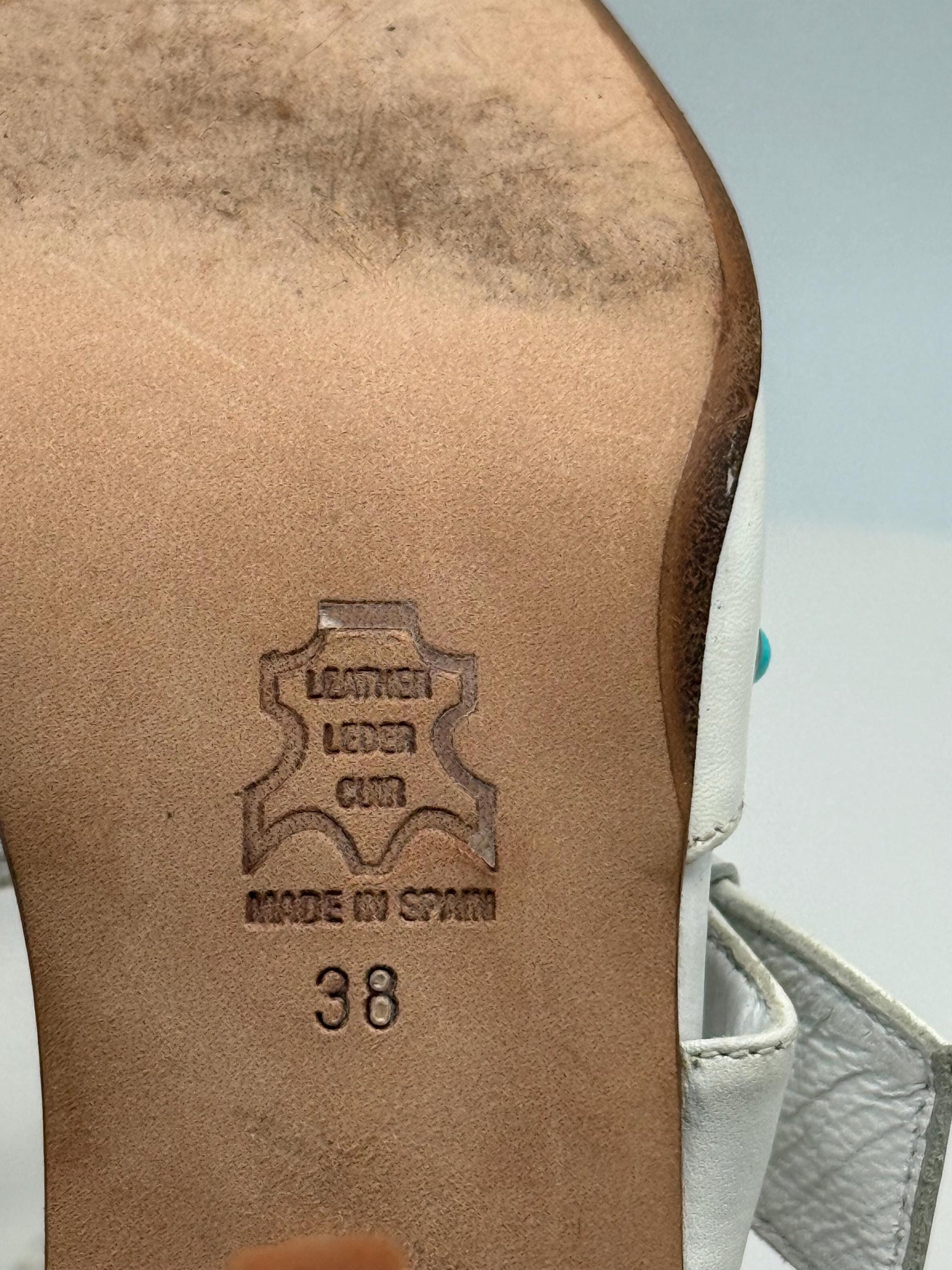 Laura Camino white leather mules, genuine leather, pointed toe, made in spain, turquoise embellishments, minimalist modern, US 7.5, EU 38