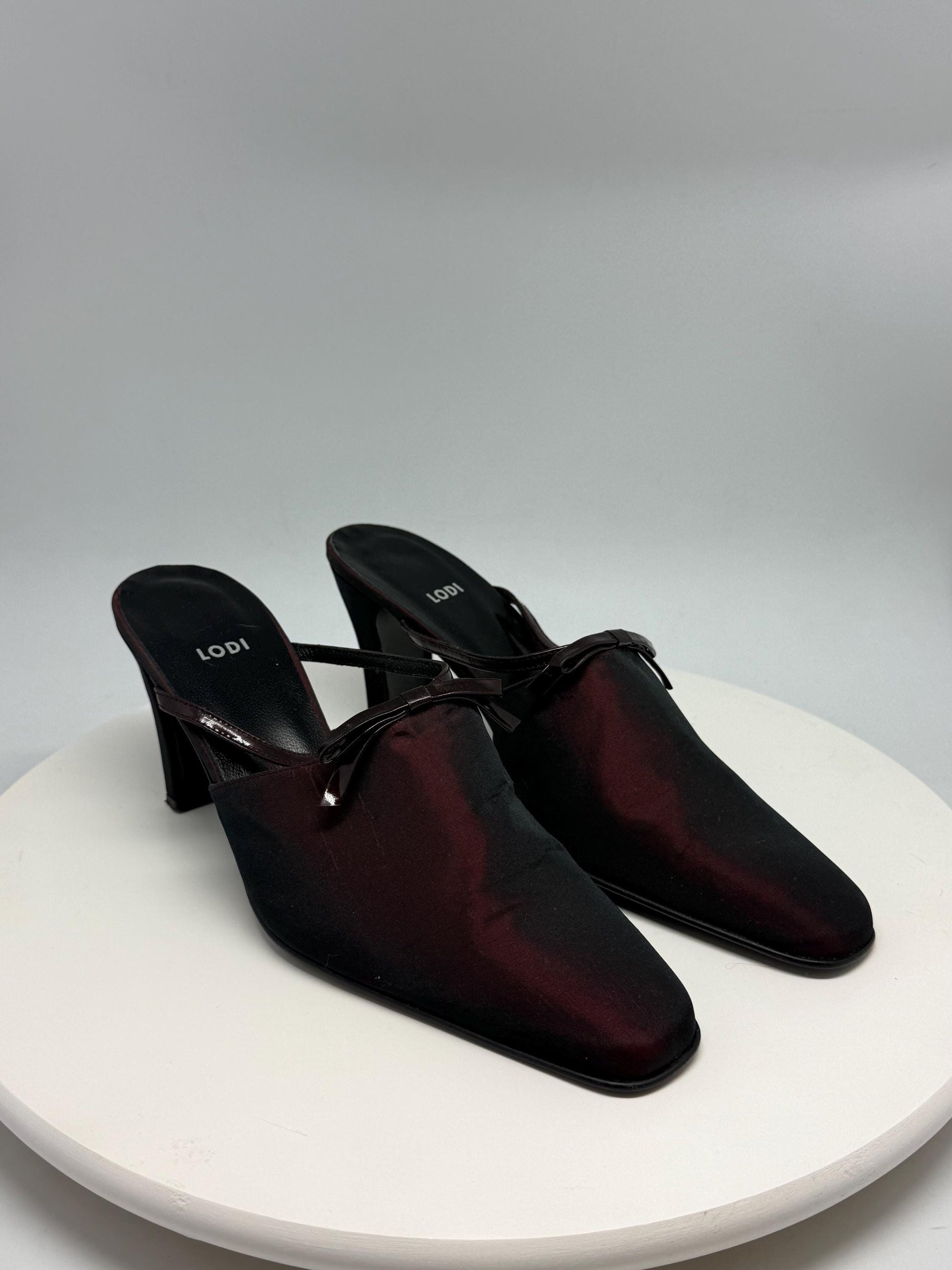Lodi dark burgundy leather heels, pointed toe, glossy finish, minimalist strap detail, elegant chic, US 11, EU 41, evening wear