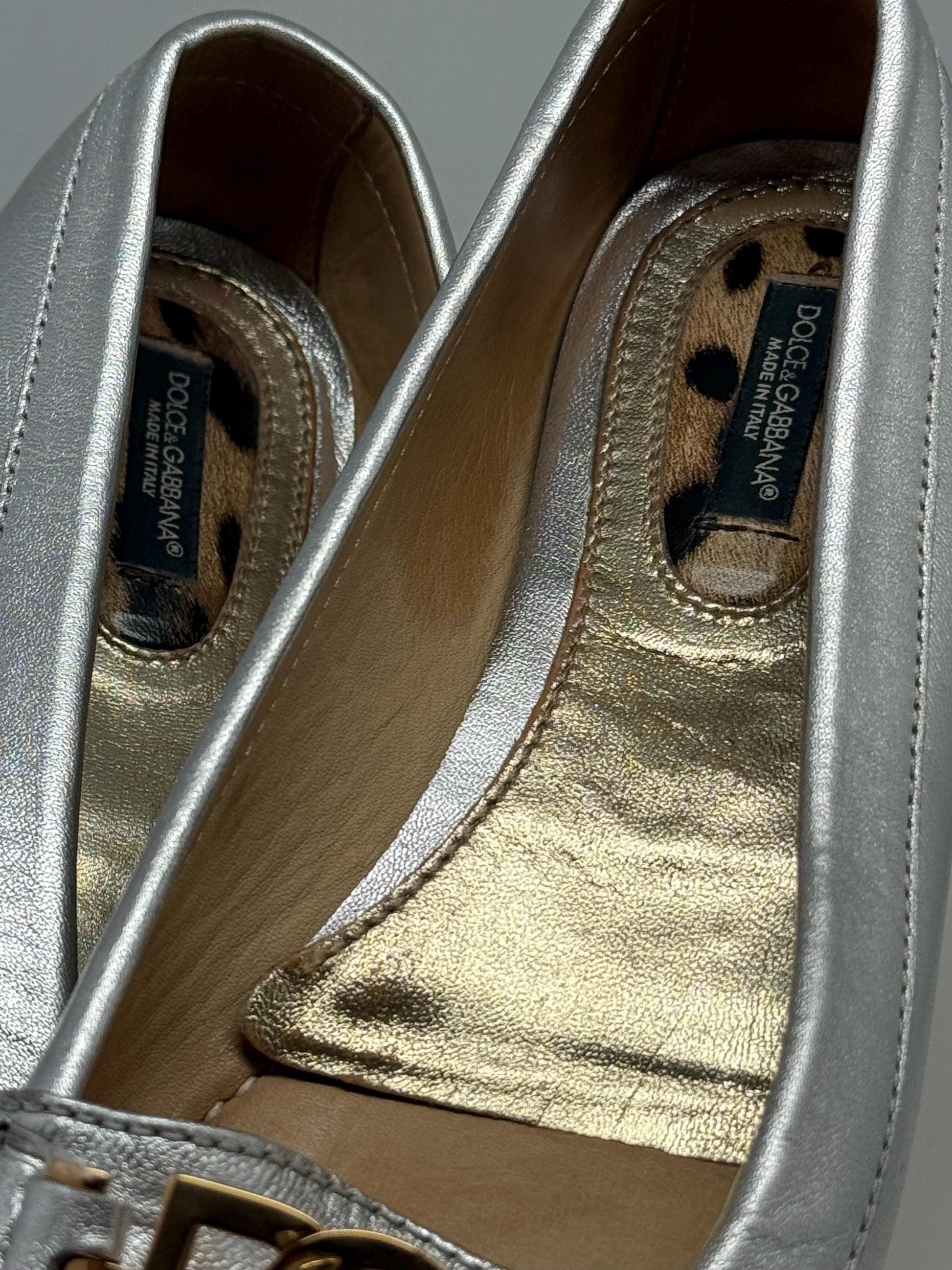 Dolce & Gabbana silver loafers, genuine leather, made in italy, slip on style, vintage old money aesthetic, US 7.5, EU 38