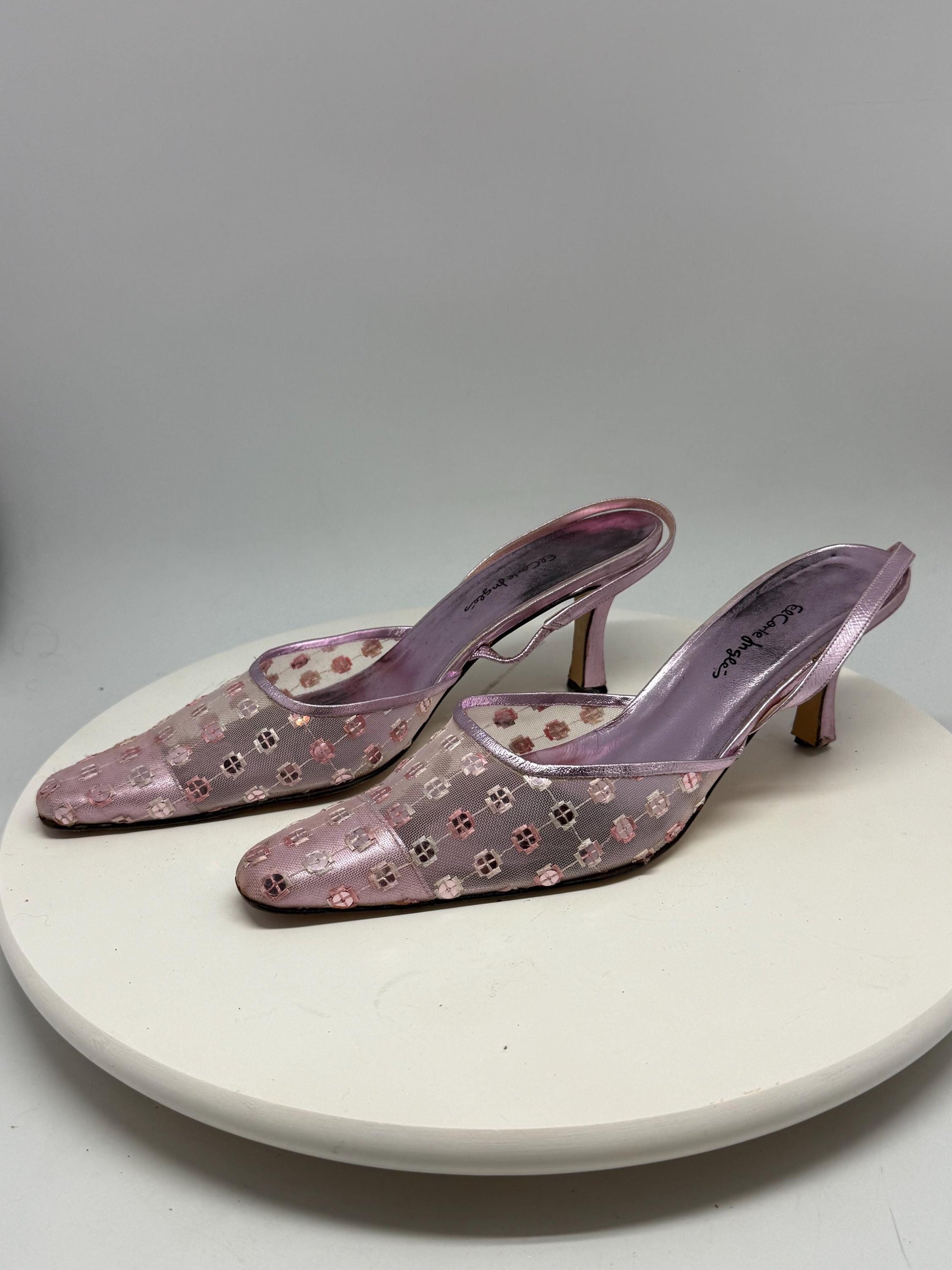 Vintage Rosanna lavender slingback heels, genuine leather, pointed toe, embroidered mesh, romantic feminine, EU 41, evening attire