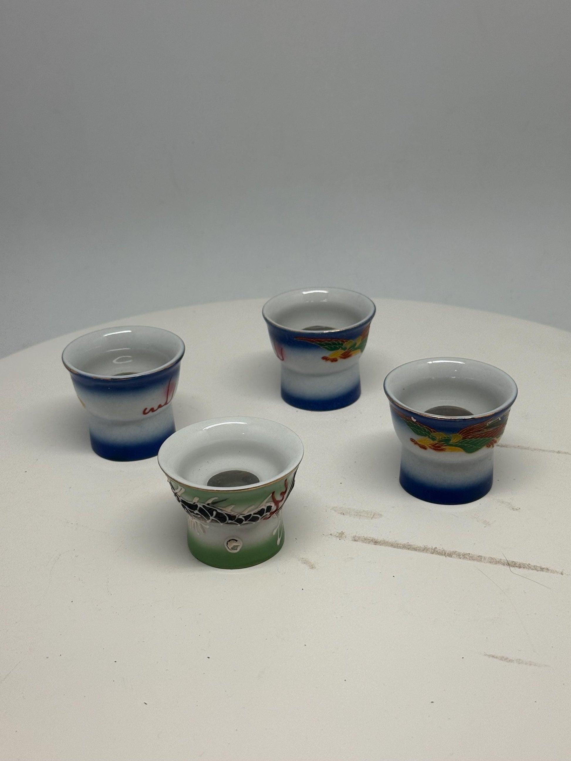 Vintage naughty reveal shot glass set, ceramic, intricate hand painted designs, retro 70s, barware collection