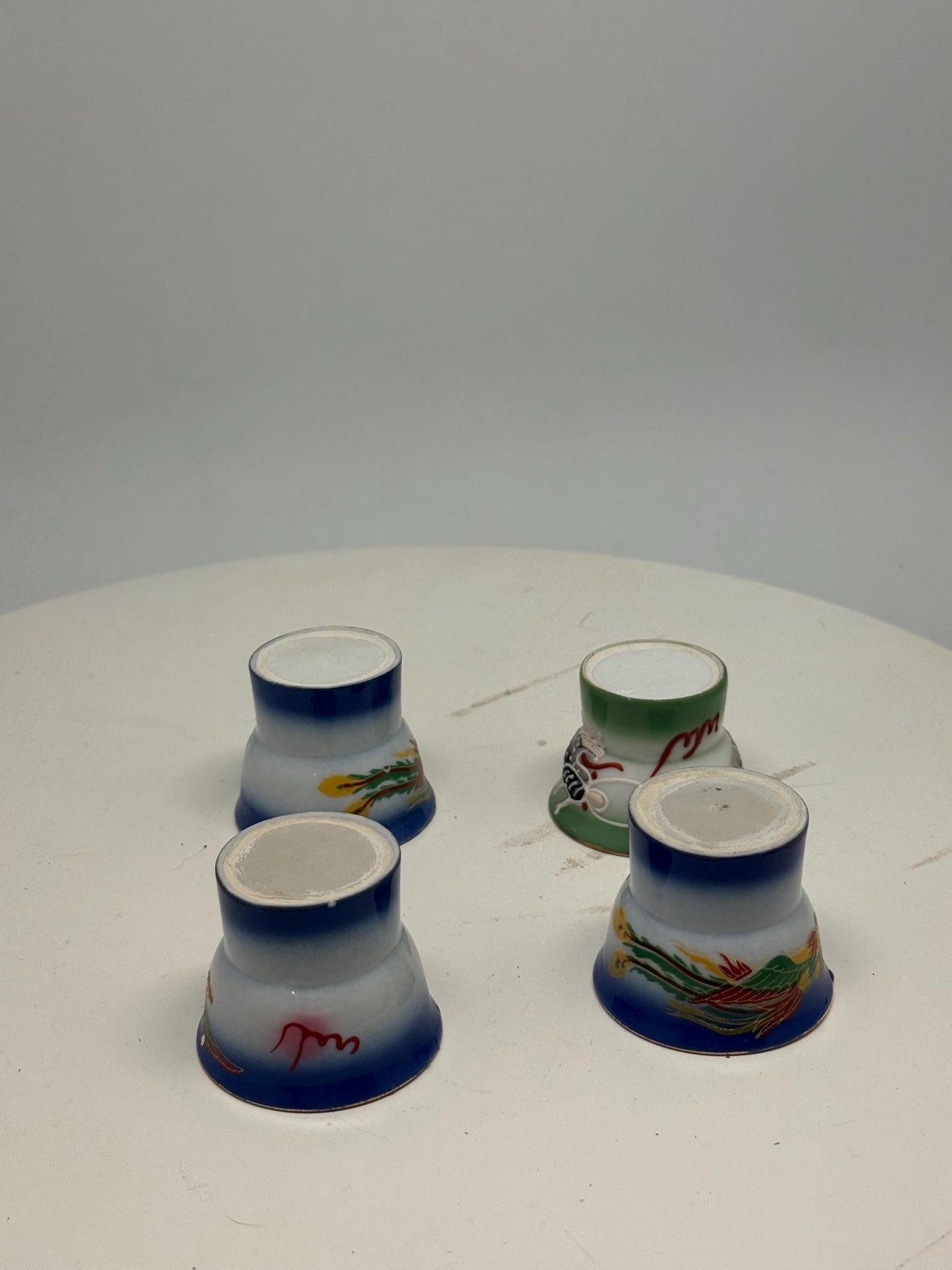 Vintage naughty reveal shot glass set, ceramic, intricate hand painted designs, retro 70s, barware collection