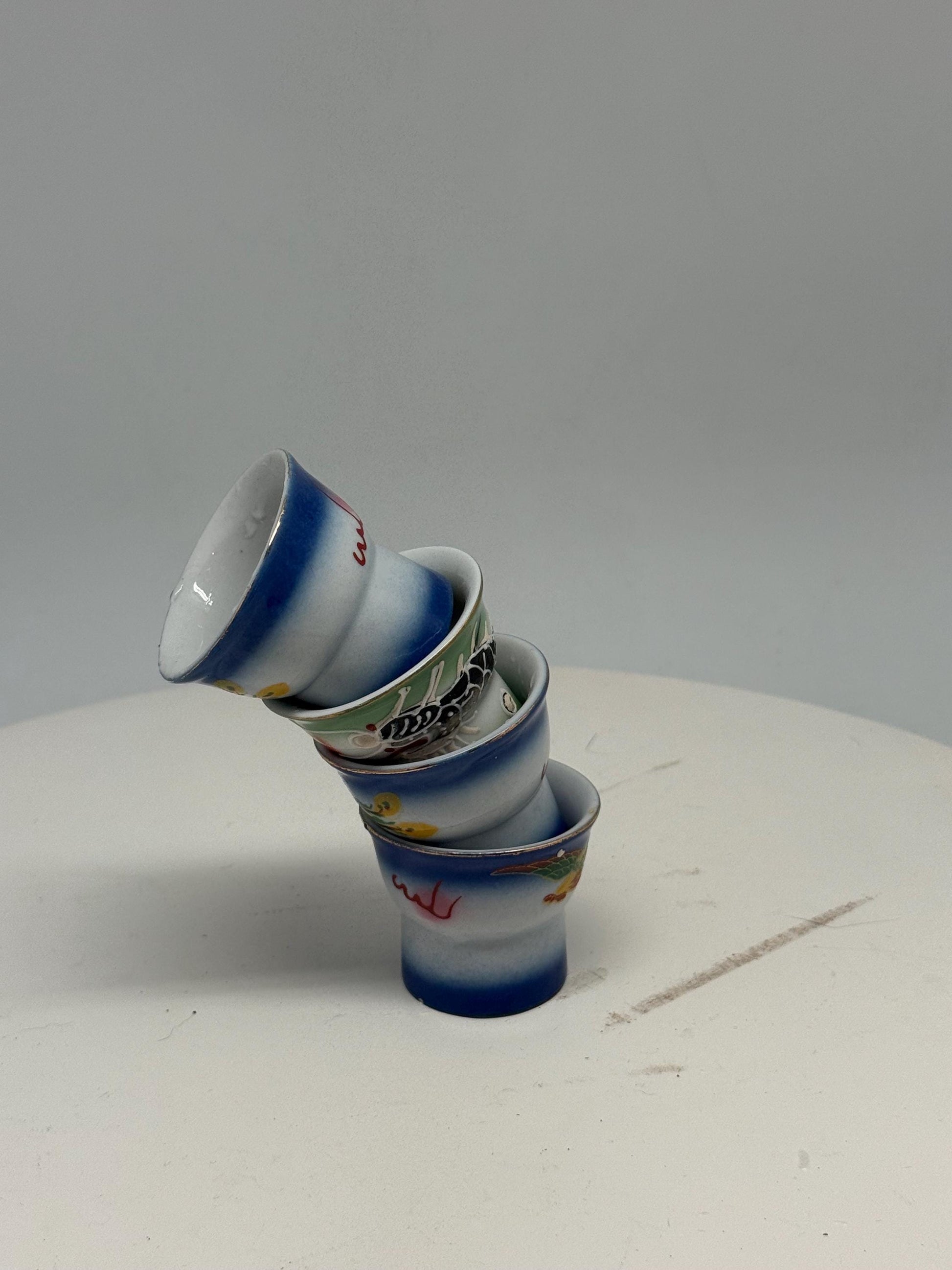 Vintage naughty reveal shot glass set, ceramic, intricate hand painted designs, retro 70s, barware collection