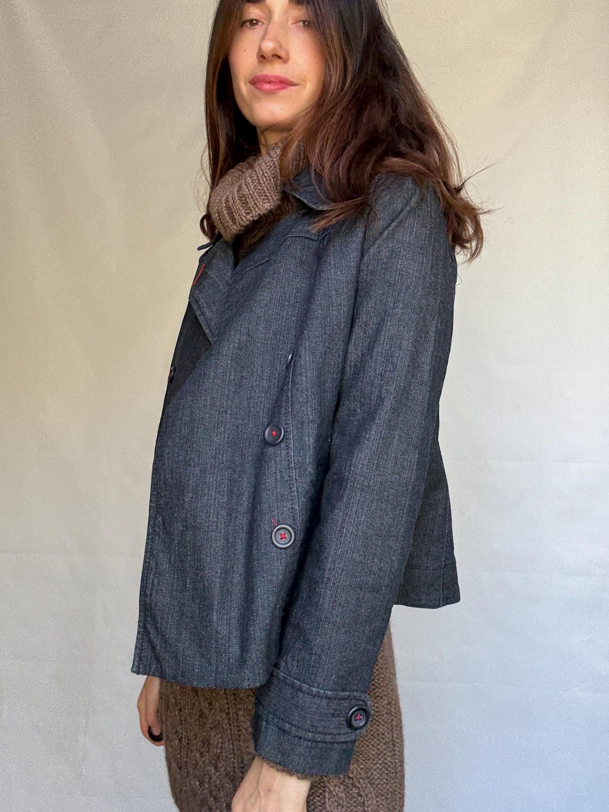 Ann Taylor Loft dark denim jacket, cotton blend, structured fit, double breasted, red stitch, vintage aesthetic, US S, streetwear vibe