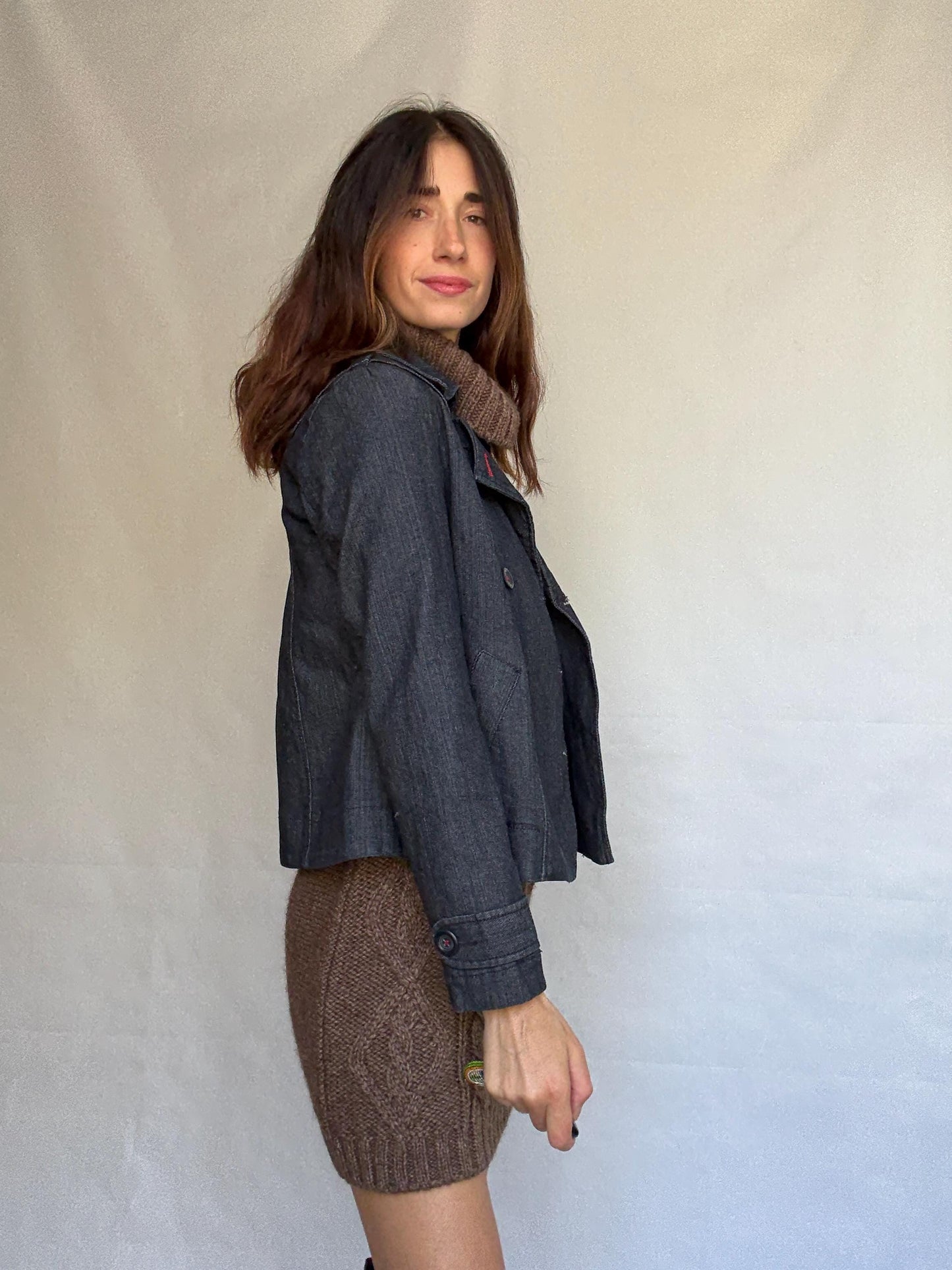 Ann Taylor Loft dark denim jacket, cotton blend, structured fit, double breasted, red stitch, vintage aesthetic, US S, streetwear vibe