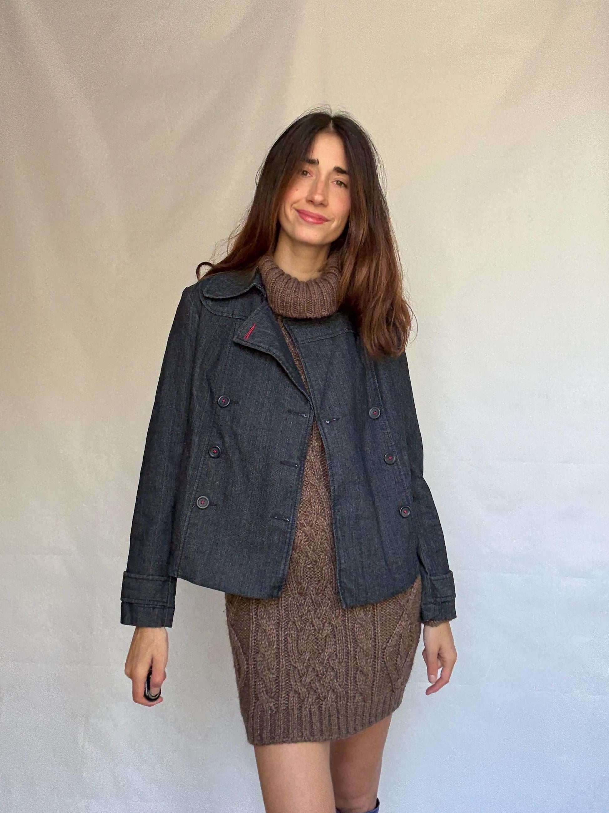 Ann Taylor Loft dark denim jacket, cotton blend, structured fit, double breasted, red stitch, vintage aesthetic, US S, streetwear vibe