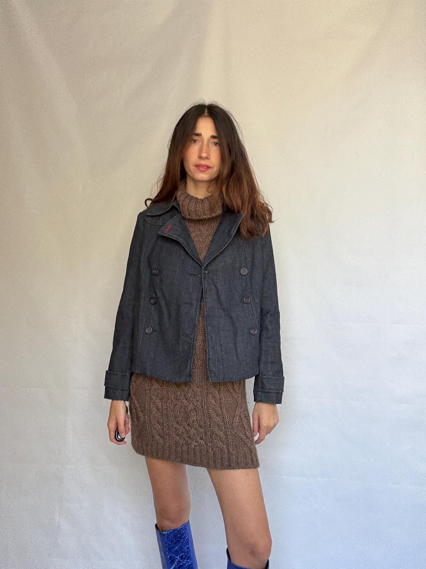 Ann Taylor Loft dark denim jacket, cotton blend, structured fit, double breasted, red stitch, vintage aesthetic, US S, streetwear vibe