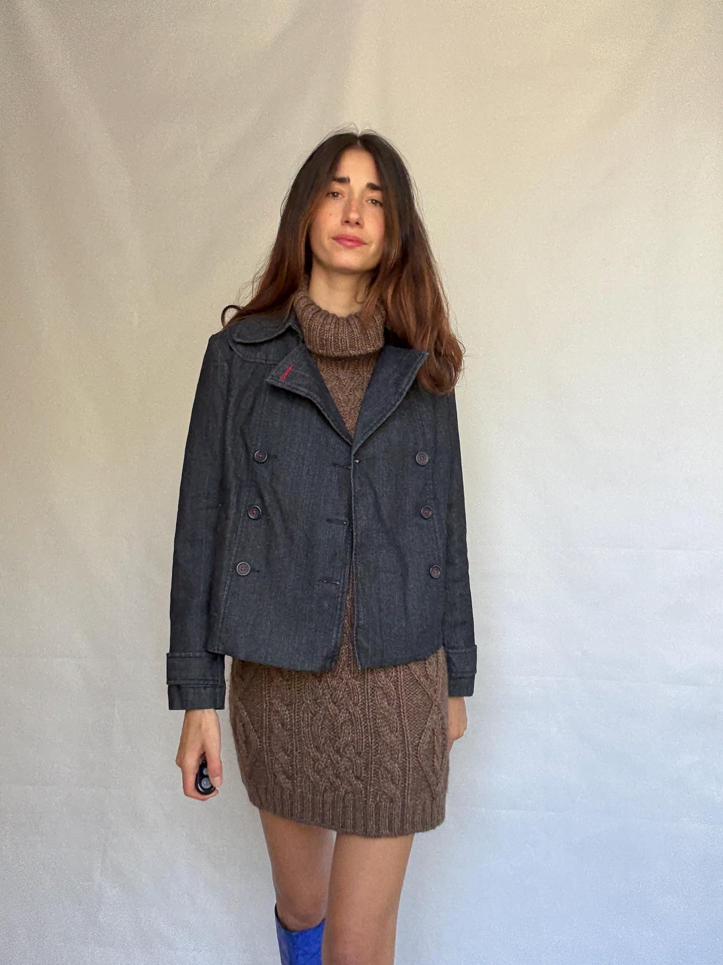 Ann Taylor Loft dark denim jacket, cotton blend, structured fit, double breasted, red stitch, vintage aesthetic, US S, streetwear vibe