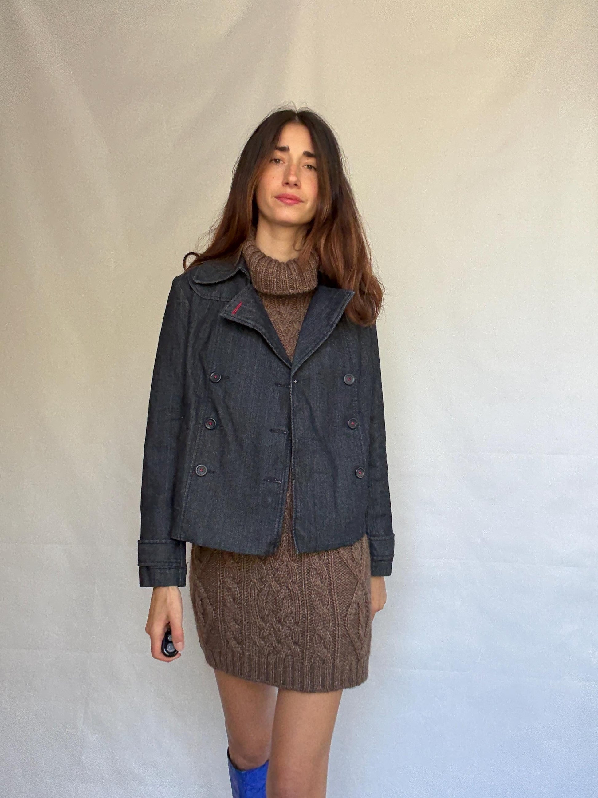 Ann Taylor Loft dark denim jacket, cotton blend, structured fit, double breasted, red stitch, vintage aesthetic, US S, streetwear vibe