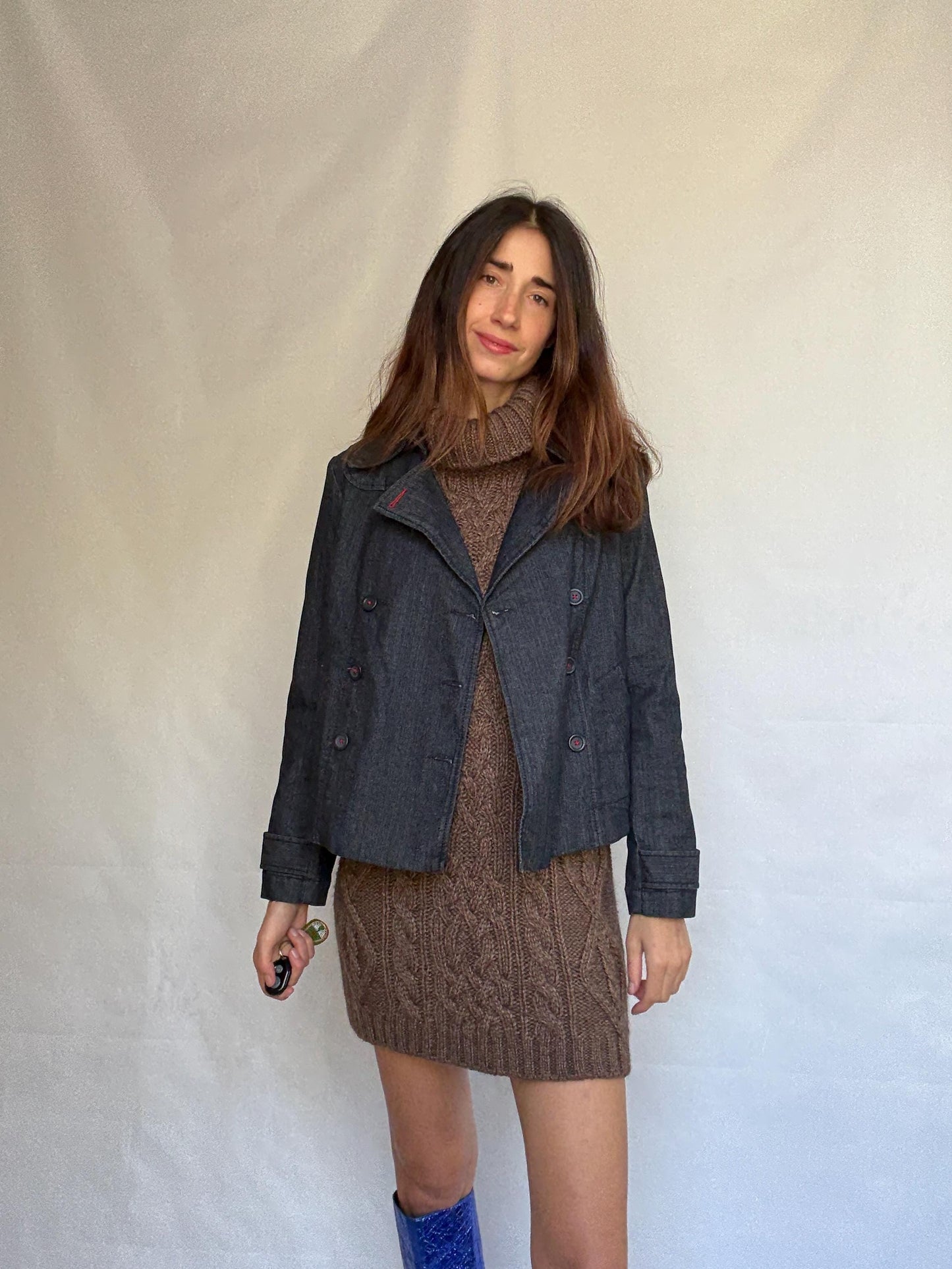 Ann Taylor Loft dark denim jacket, cotton blend, structured fit, double breasted, red stitch, vintage aesthetic, US S, streetwear vibe