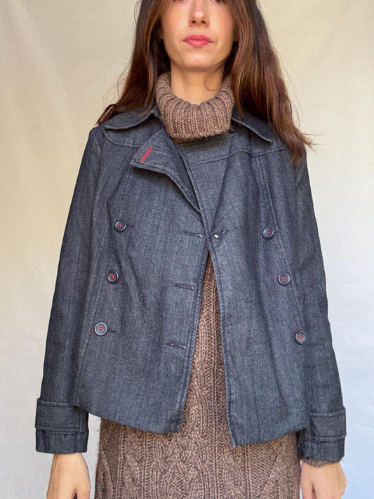 Ann Taylor Loft dark denim jacket, cotton blend, structured fit, double breasted, red stitch, vintage aesthetic, US S, streetwear vibe