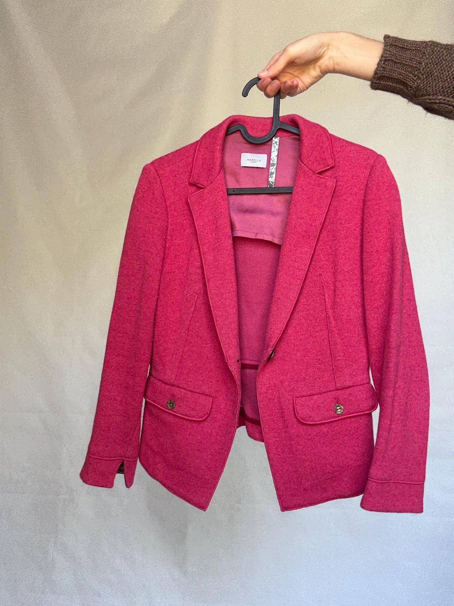 Marella pink blazer, cotton and wool blend, tailored fit, notched lapel, flap pockets, minimalist chic, US XS