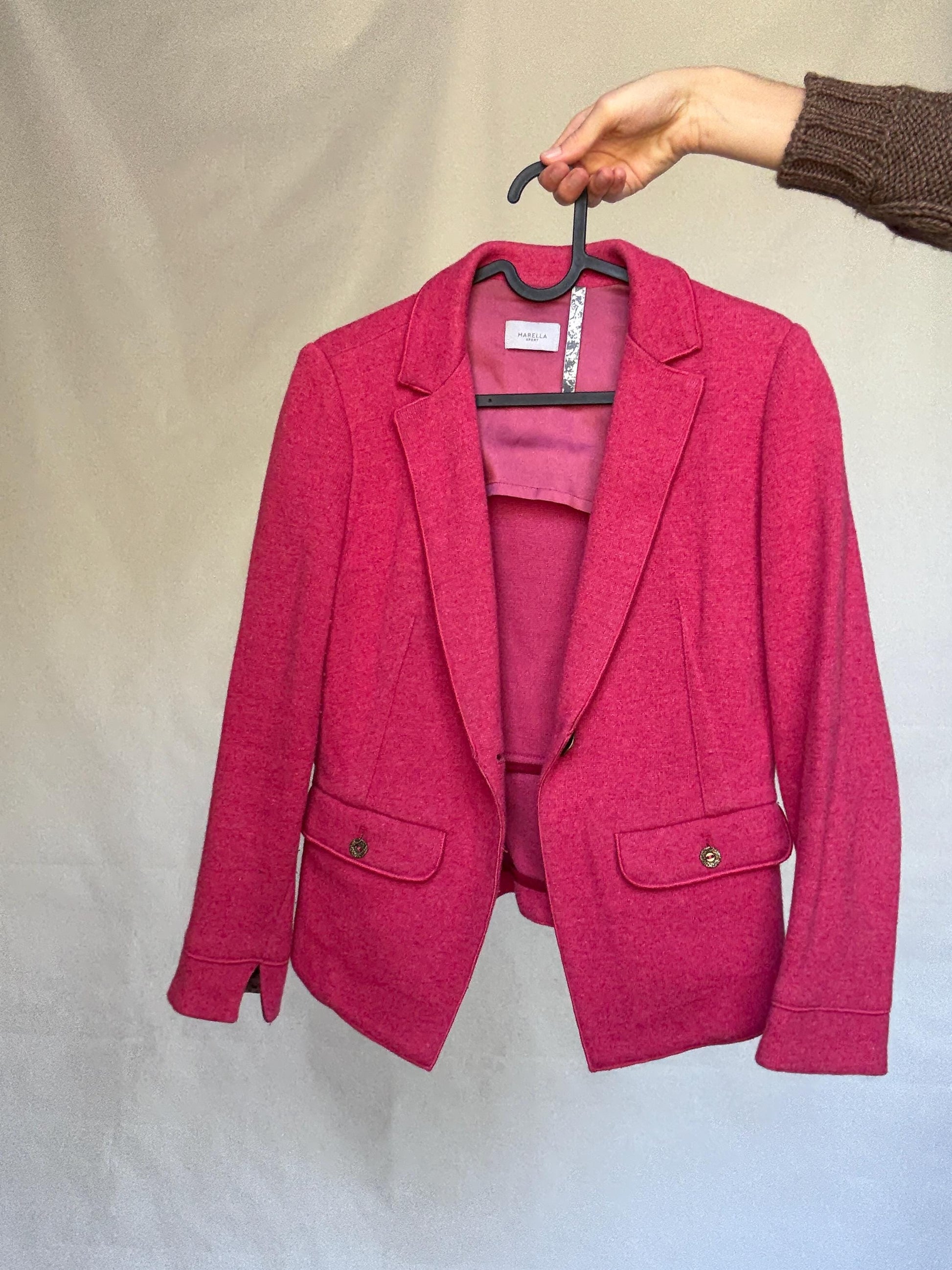 Marella pink blazer, cotton and wool blend, tailored fit, notched lapel, flap pockets, minimalist chic, US XS