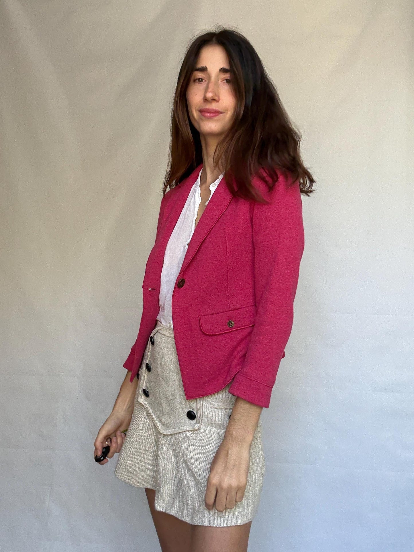 Marella pink blazer, cotton and wool blend, tailored fit, notched lapel, flap pockets, minimalist chic, US XS