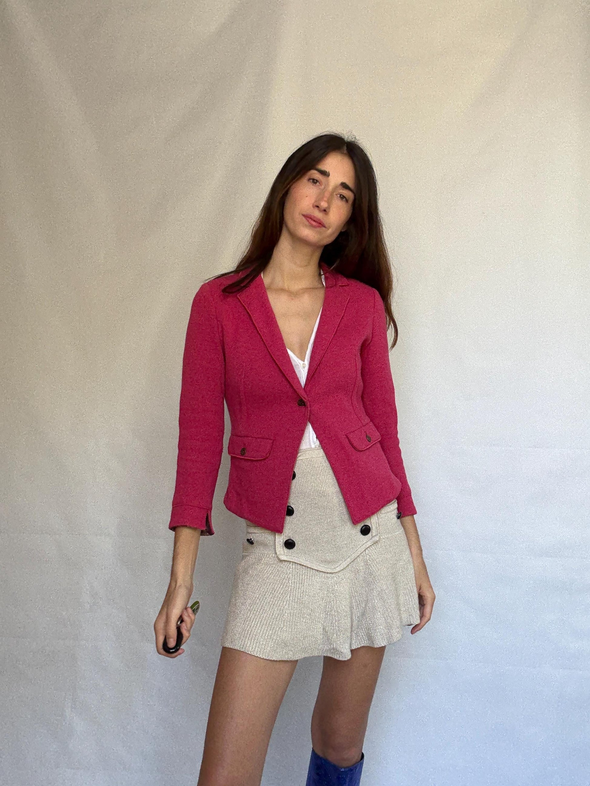 Marella pink blazer, cotton and wool blend, tailored fit, notched lapel, flap pockets, minimalist chic, US XS