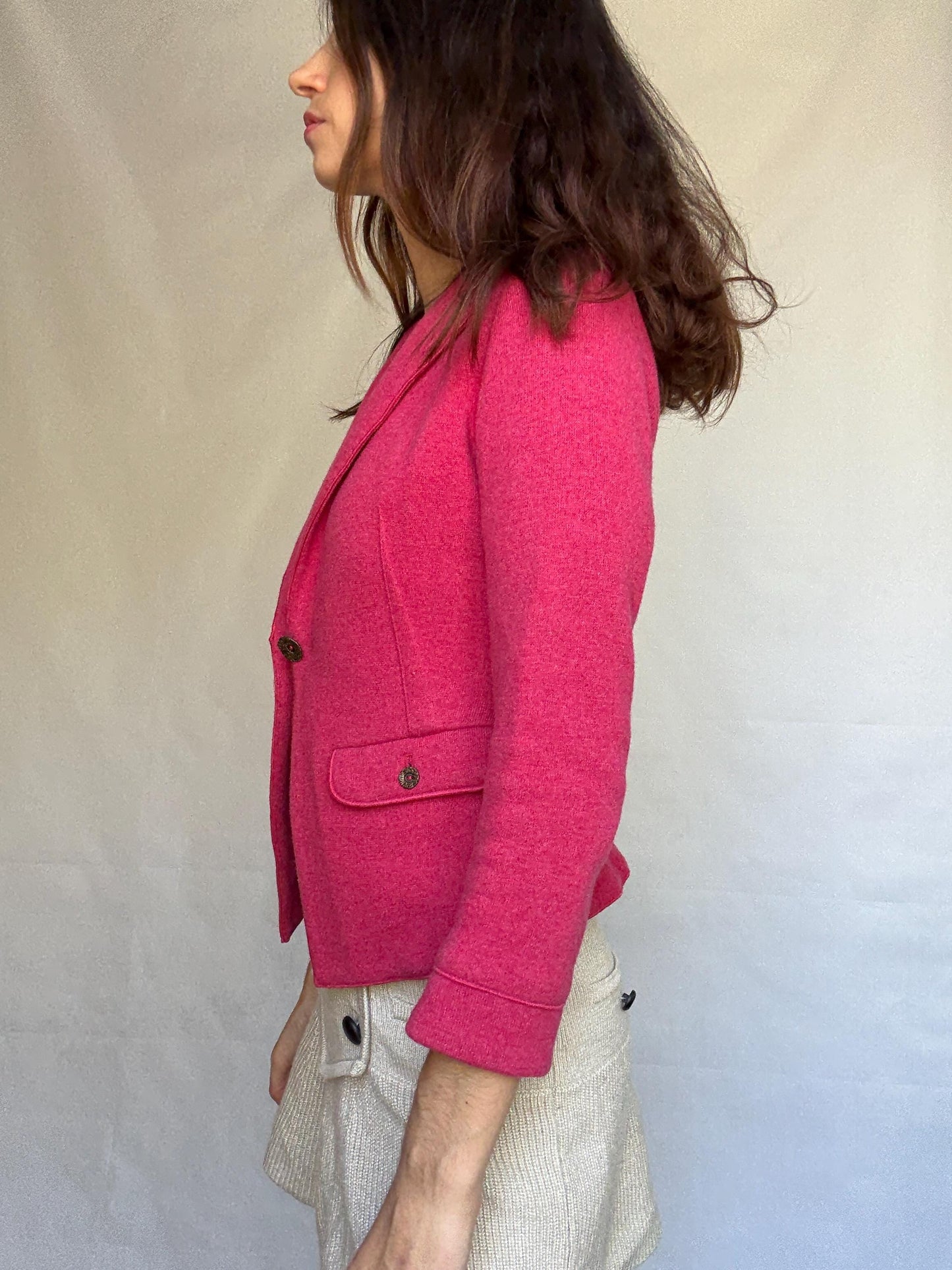 Marella pink blazer, cotton and wool blend, tailored fit, notched lapel, flap pockets, minimalist chic, US XS