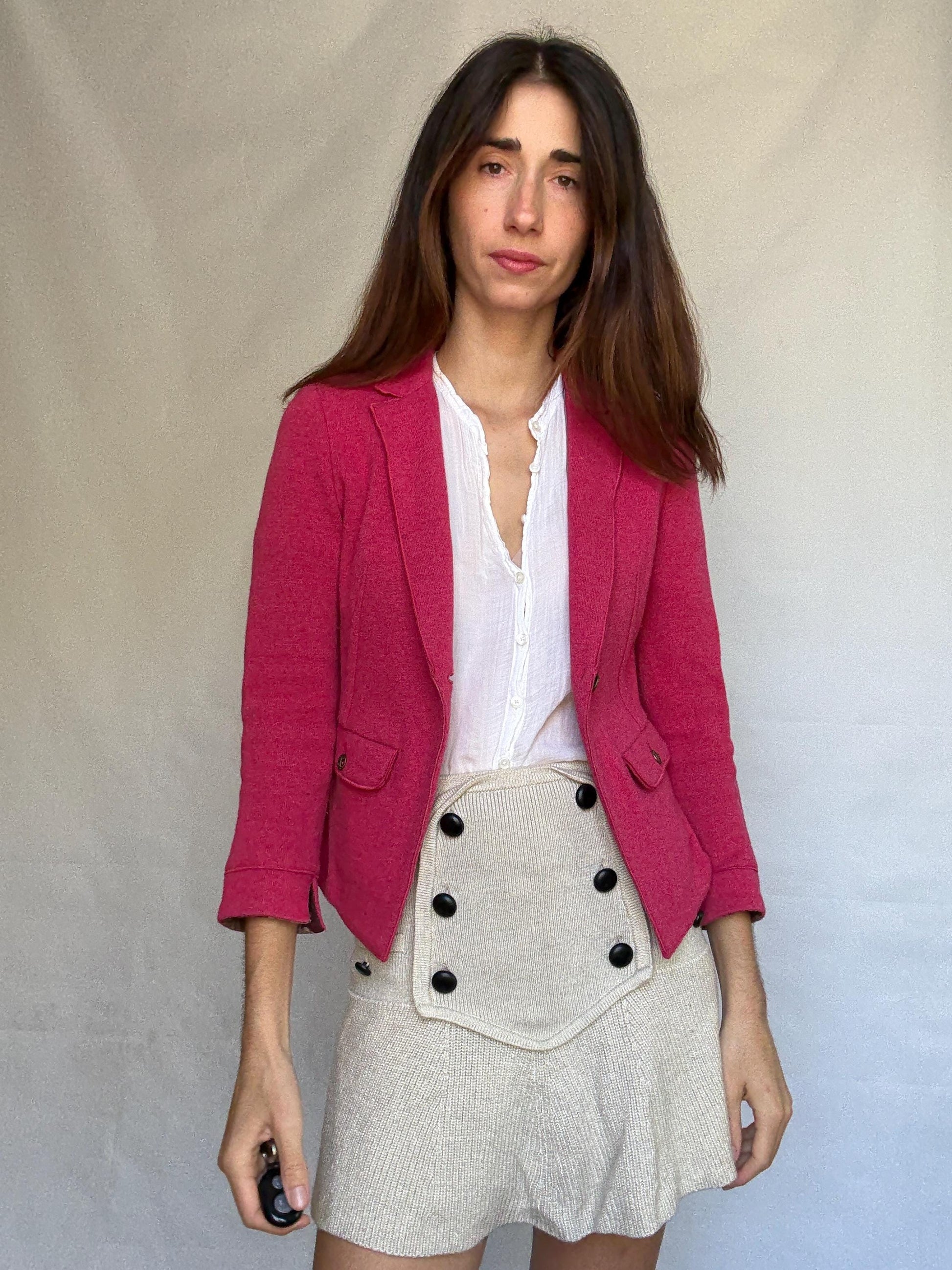 Marella pink blazer, cotton and wool blend, tailored fit, notched lapel, flap pockets, minimalist chic, US XS