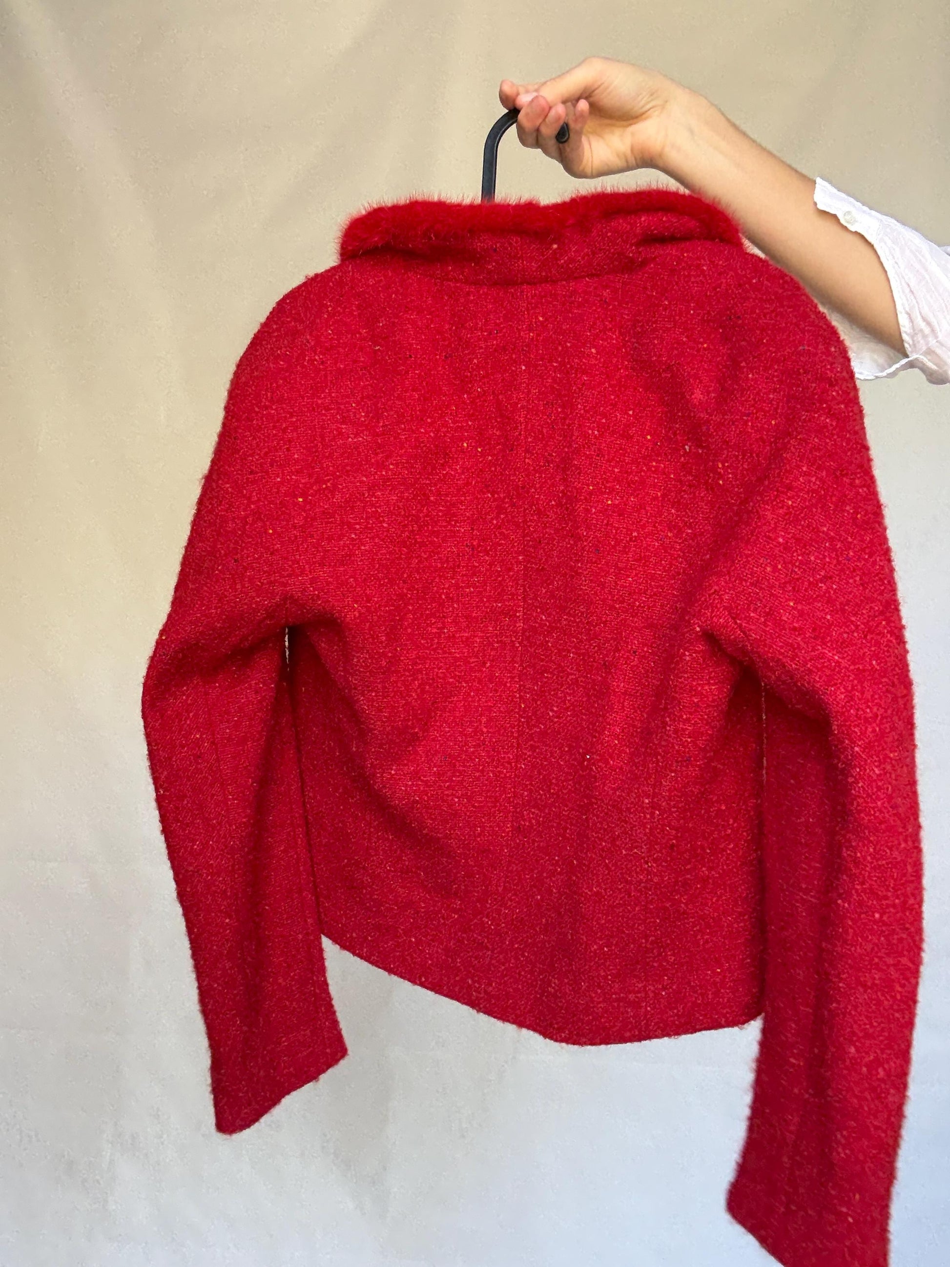 Vintage red Bouclé Jacket Blazer, wool mohair blend, classic cropped fit, button front, vibrant color, vintage 90s, US XL, campus chic