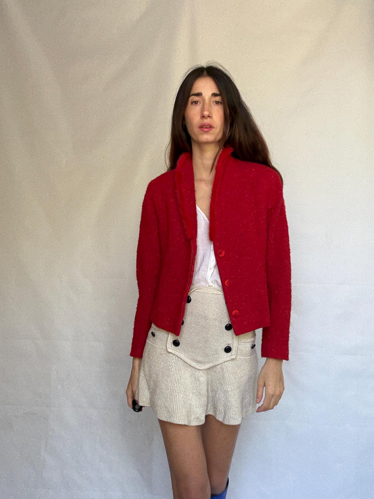 Vintage red Bouclé Jacket Blazer, wool mohair blend, classic cropped fit, button front, vibrant color, vintage 90s, US XL, campus chic
