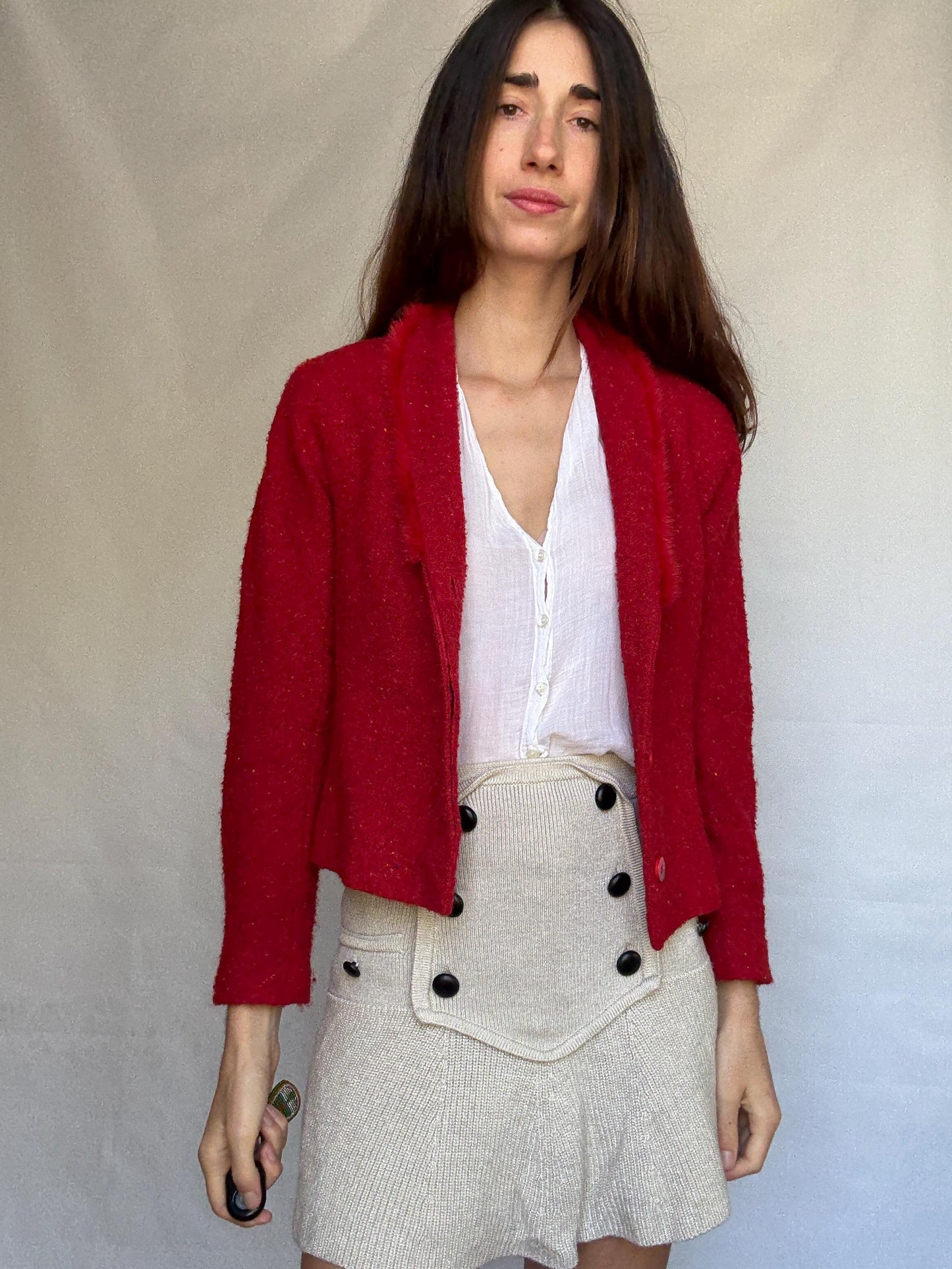 Vintage red Bouclé Jacket Blazer, wool mohair blend, classic cropped fit, button front, vibrant color, vintage 90s, US XL, campus chic