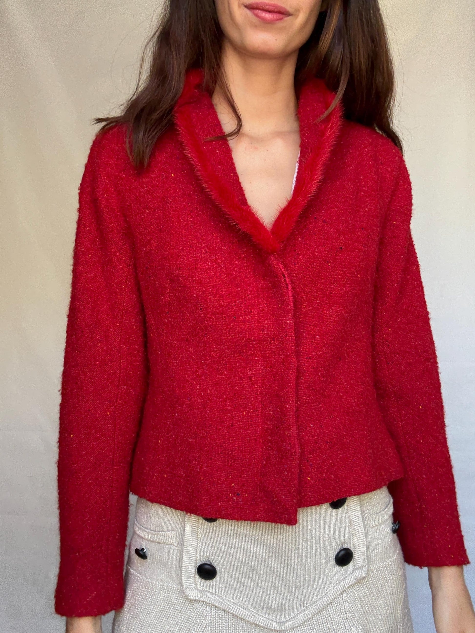 Vintage red Bouclé Jacket Blazer, wool mohair blend, classic cropped fit, button front, vibrant color, vintage 90s, US XL, campus chic
