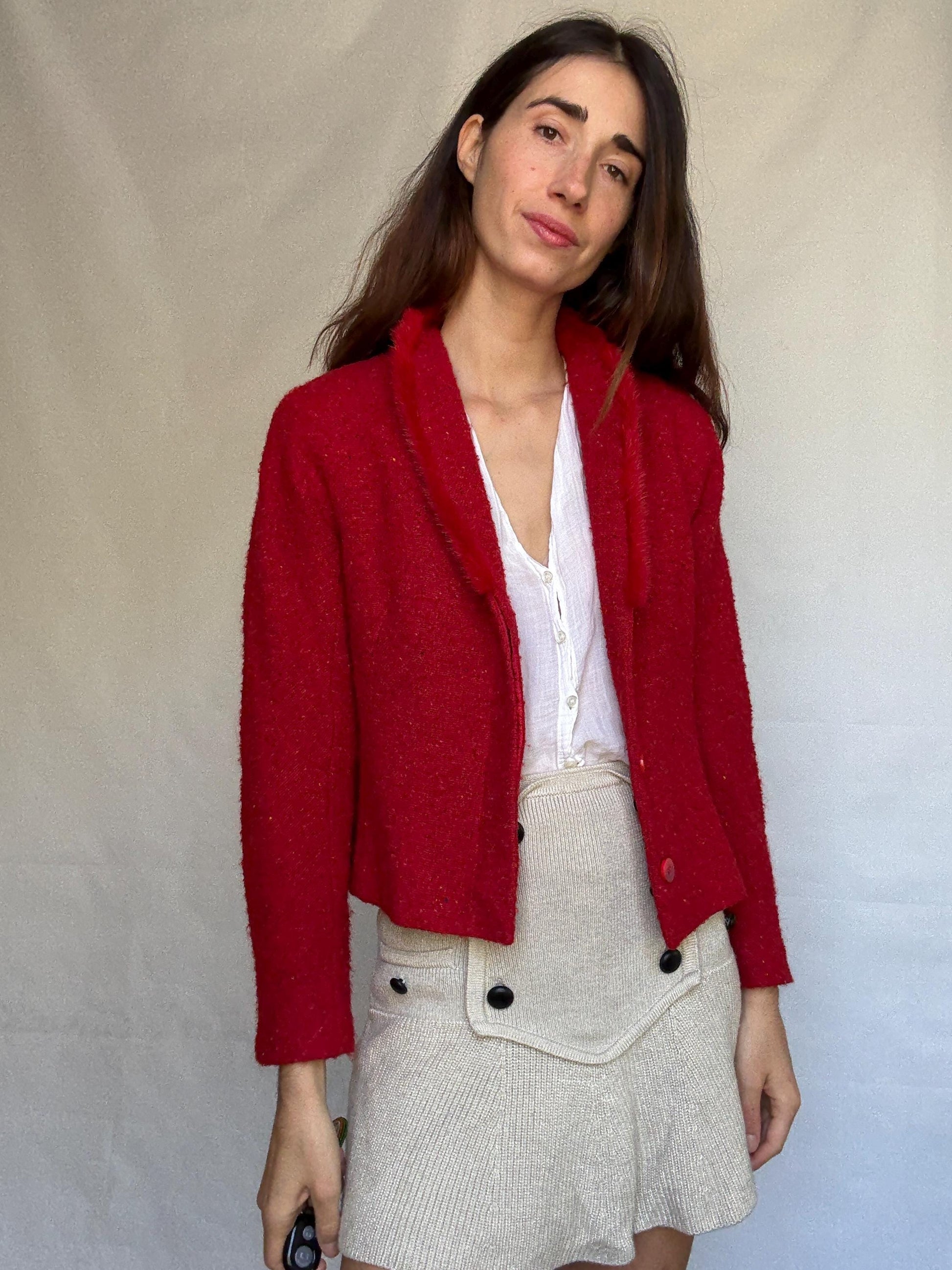 Vintage red Bouclé Jacket Blazer, wool mohair blend, classic cropped fit, button front, vibrant color, vintage 90s, US XL, campus chic