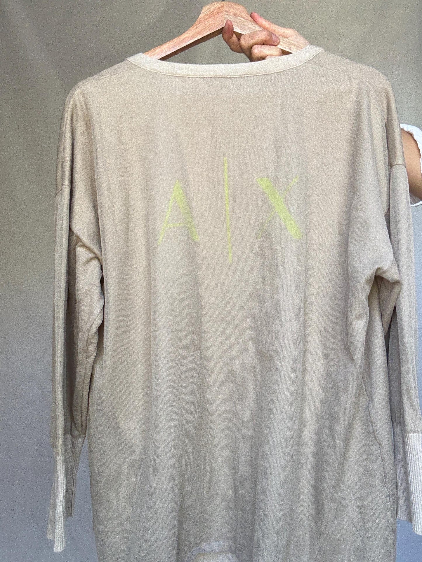 Armani Exchange beige cardigan, 100% cotton, open, front style, ribbed cuffs and hem, minimalist Sofia Richie Grainge style, US XL