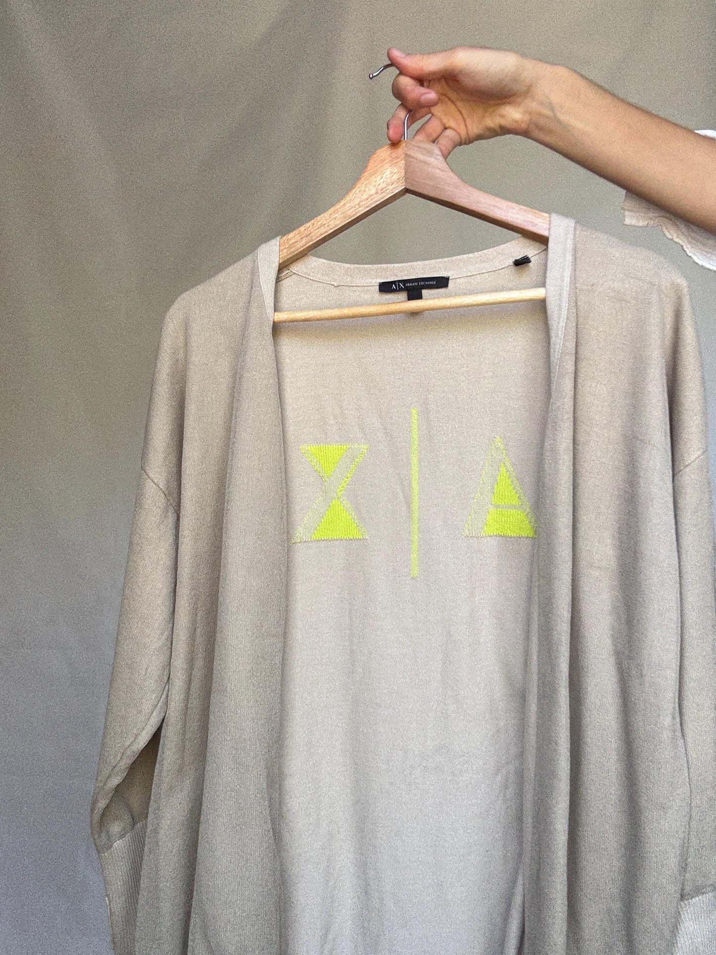 Armani Exchange beige cardigan, 100% cotton, open, front style, ribbed cuffs and hem, minimalist Sofia Richie Grainge style, US XL