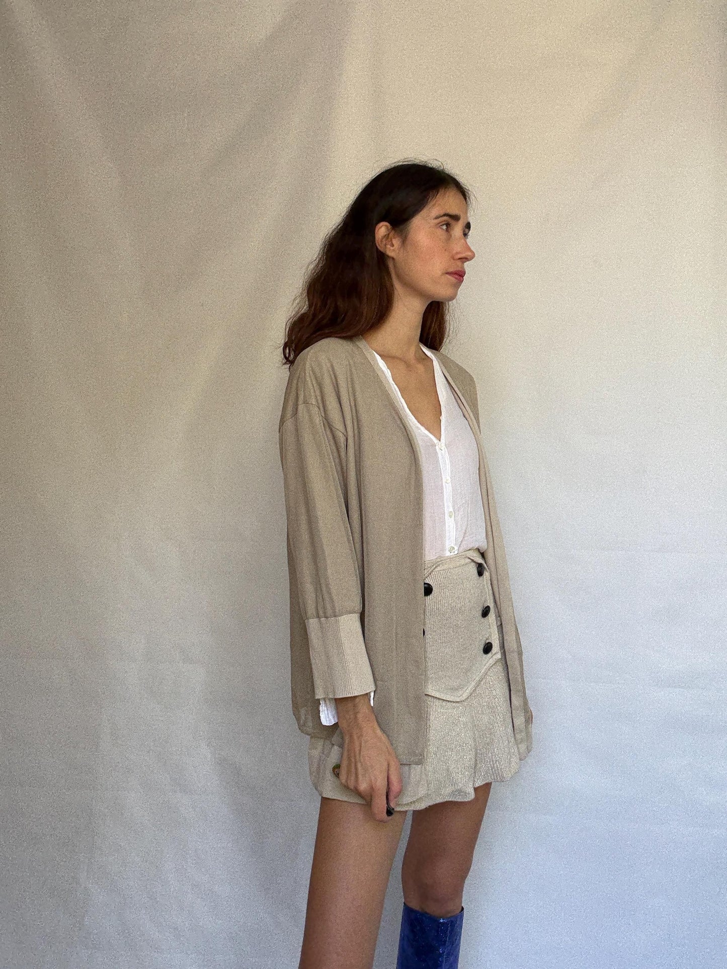 Armani Exchange beige cardigan, 100% cotton, open, front style, ribbed cuffs and hem, minimalist Sofia Richie Grainge style, US XL