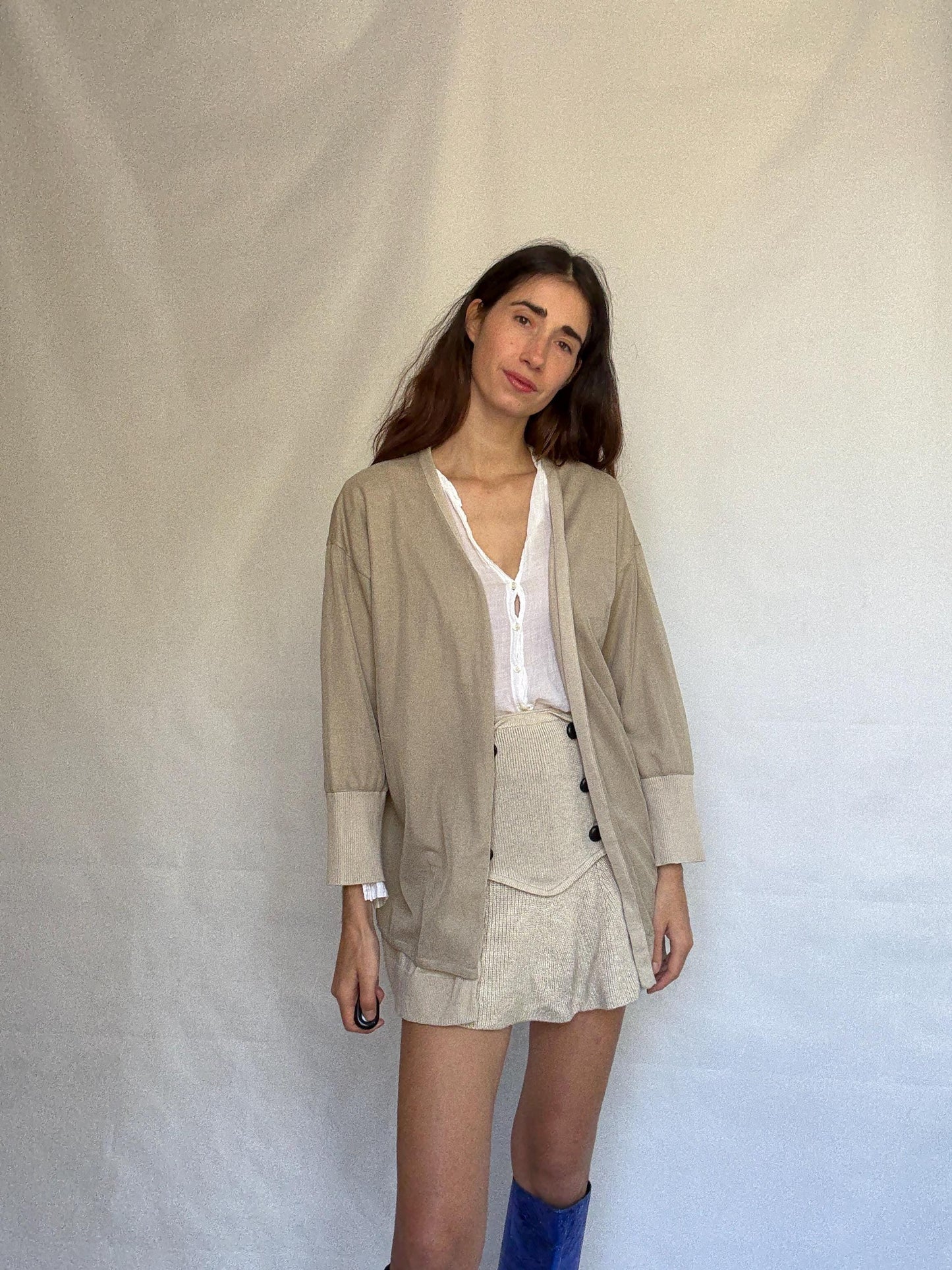 Beige Cotton Cardigan with Ribbed Detailing — detail